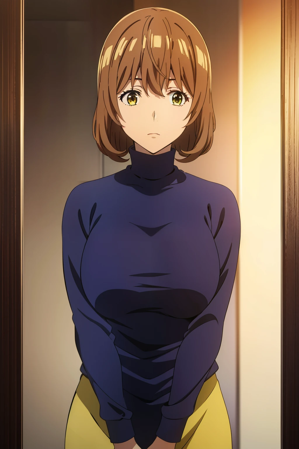 Best Quality, masutepiece, Brown hair, Yellow eyes, Yuriko Aoki, Stand in the changing room, Chest shyness, oversize breast, no sleeves, turtle neck
