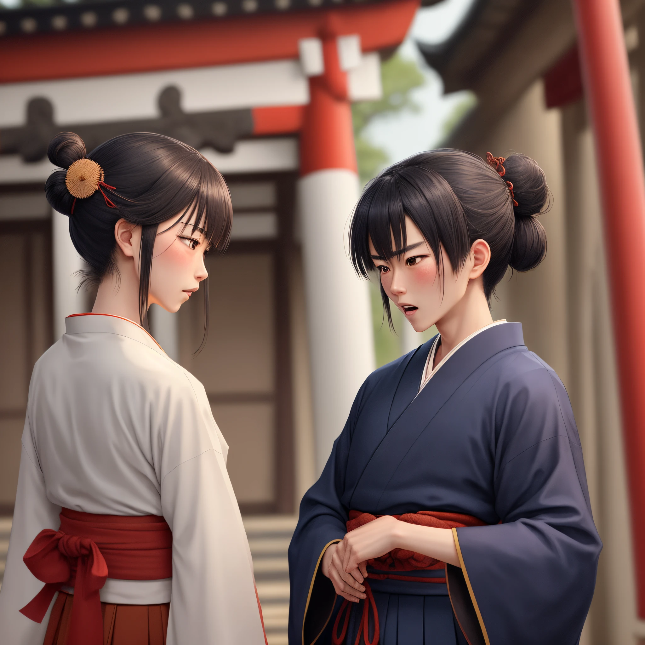A samurai with an androgynous appearance wearing a haori and hakama is flustered after being scolded by a shrine maiden.