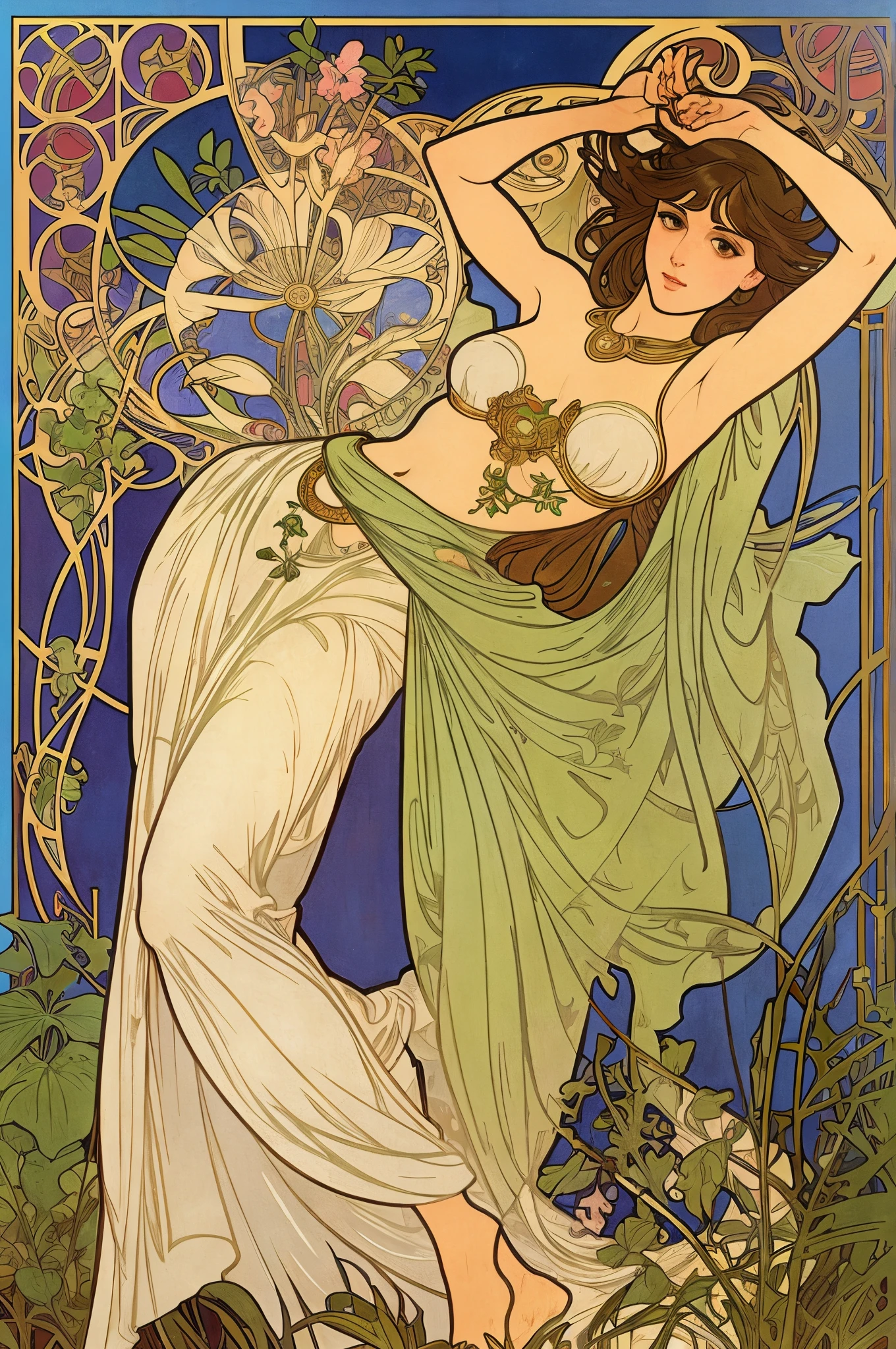 8K.Poster illustration in Alphonse Mucha style, Flat painting, iranian girl, grey eyes, olive skin, Full body like,Slim body,Barefoot,Art Nouveau, Plants in the background, NFFSW, masterpiece, Alfonse Mucha, High details