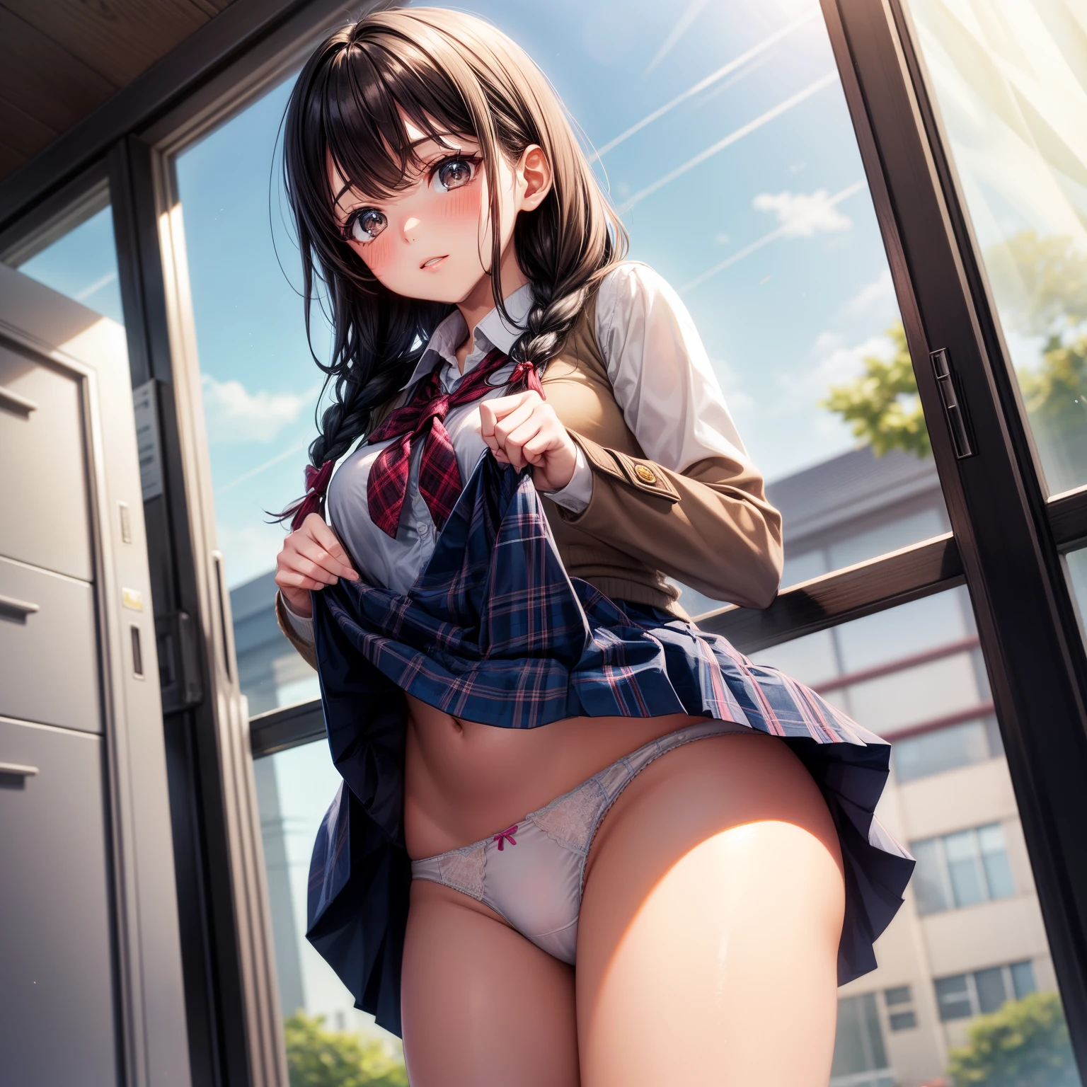 schoolgirls,Manteau blanc,long braid,Best quality, girl 1, in a skirt, solo, wearing underwear, in school uniform, panties, pleated skirt, black hair, buttocks, lifting clothes, brown eyes, blue skirt, pure gaze, school uniform, miniskirt, herself lift, plaid skirt, blush