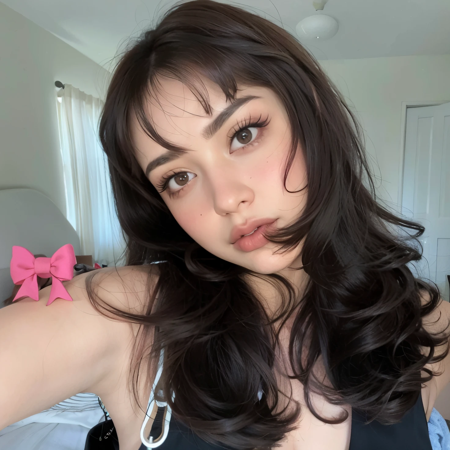 Hay una mujer con un lazo rosa en la cabeza, Charli Bowater, Charli XCX, brown hair and bangs, cabello negro y ojos grandes, Violeta Myers, flequillo de cortina, Kailee Mandel, Foto de perfil de la foto de cabeza, Retrato Sophie Mudd, auburn hair with bangs, flequillo rizado, sonrisa sensual, brown hair and large eyes, Pokimane