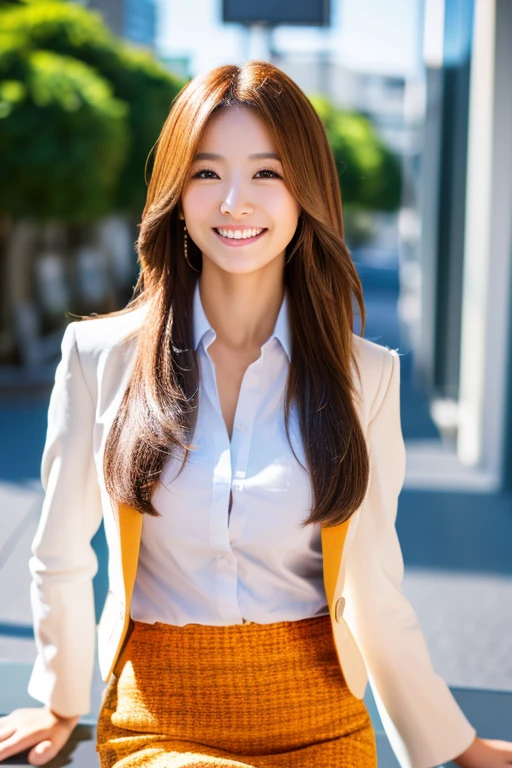 (best quality,4k,8k,highres,masterpiece:1.2),ultra-detailed,(realistic,photorealistic,photo-realistic:1.37),Japanese beauty,smile, long flowing hair, suit, short skirt, standing, office setting, vibrant colors, portrait, natural light