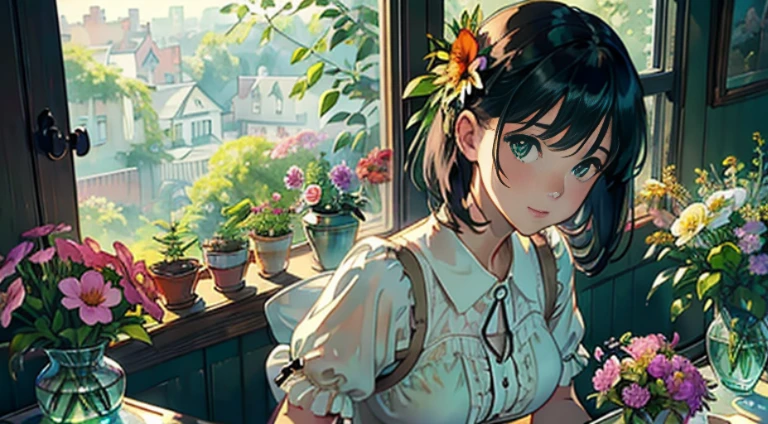 ((Watercolor in Sargent style))、(top-quality、masterpiece)、超A high resolution、high-detail、(David Hamilton Style)、(softfocus)、Soft light、1人の女性、20yr old、((take care of flowers))、classic one piece uniform、A stunning、Short black hair、Bunching hair、Crisp face、cute face、(detailed face depiction)、Detailed eyes、Medium-sized breasts、((Flower Shop))、((The store sells green plants)), The main entrance is glazed., The windows are made of glass, On the window shelves there are potted plants and flowers、Quiet moments、Vintage atmosphere、Fascinating beauty、Lush green environment、Side table、Flowers on the windowsill、teapot、florals、houseplant、