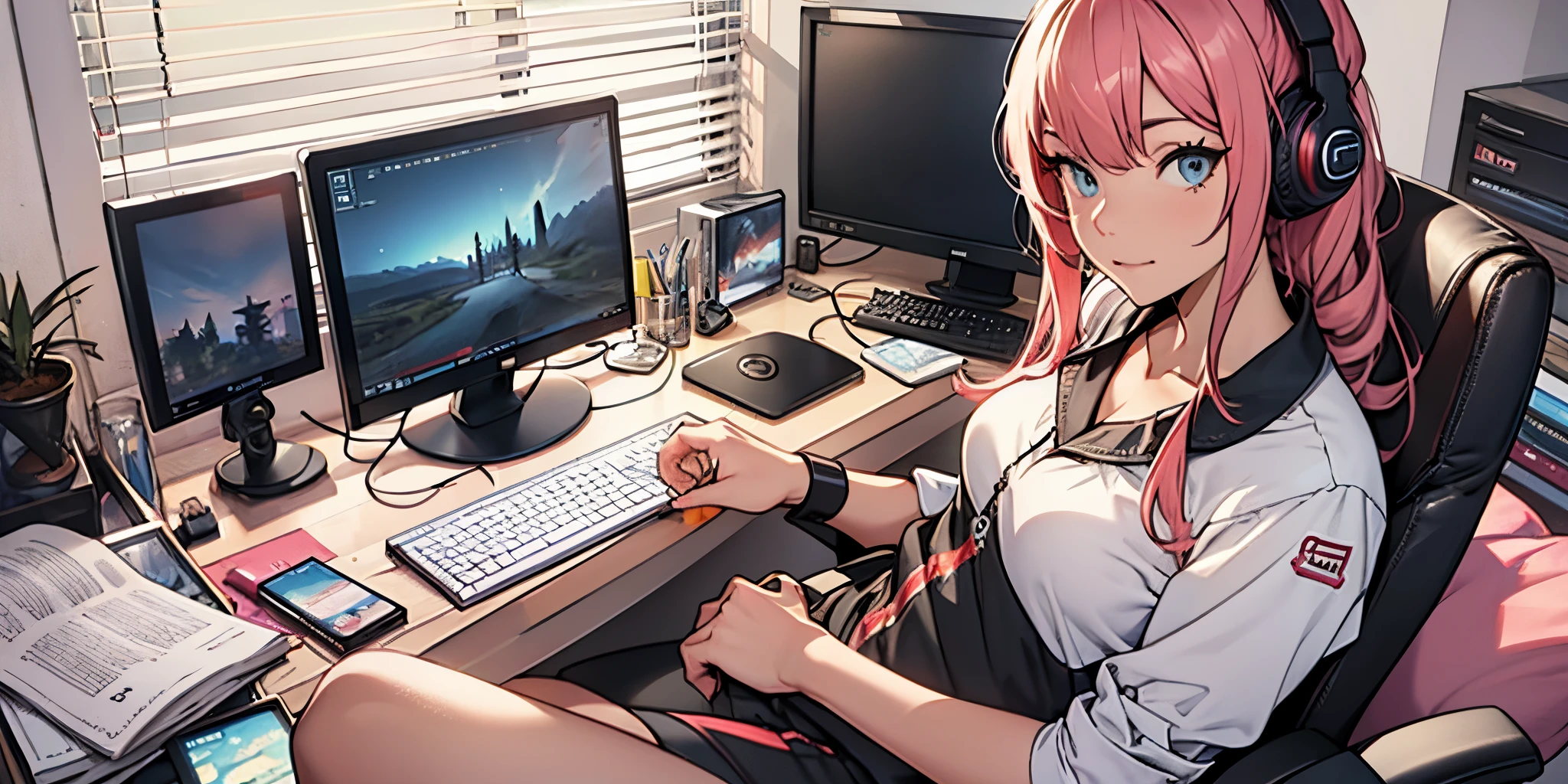 a naked girl sitting in a gaming chair pc set up blashing angery face her hands on keybords and mouse