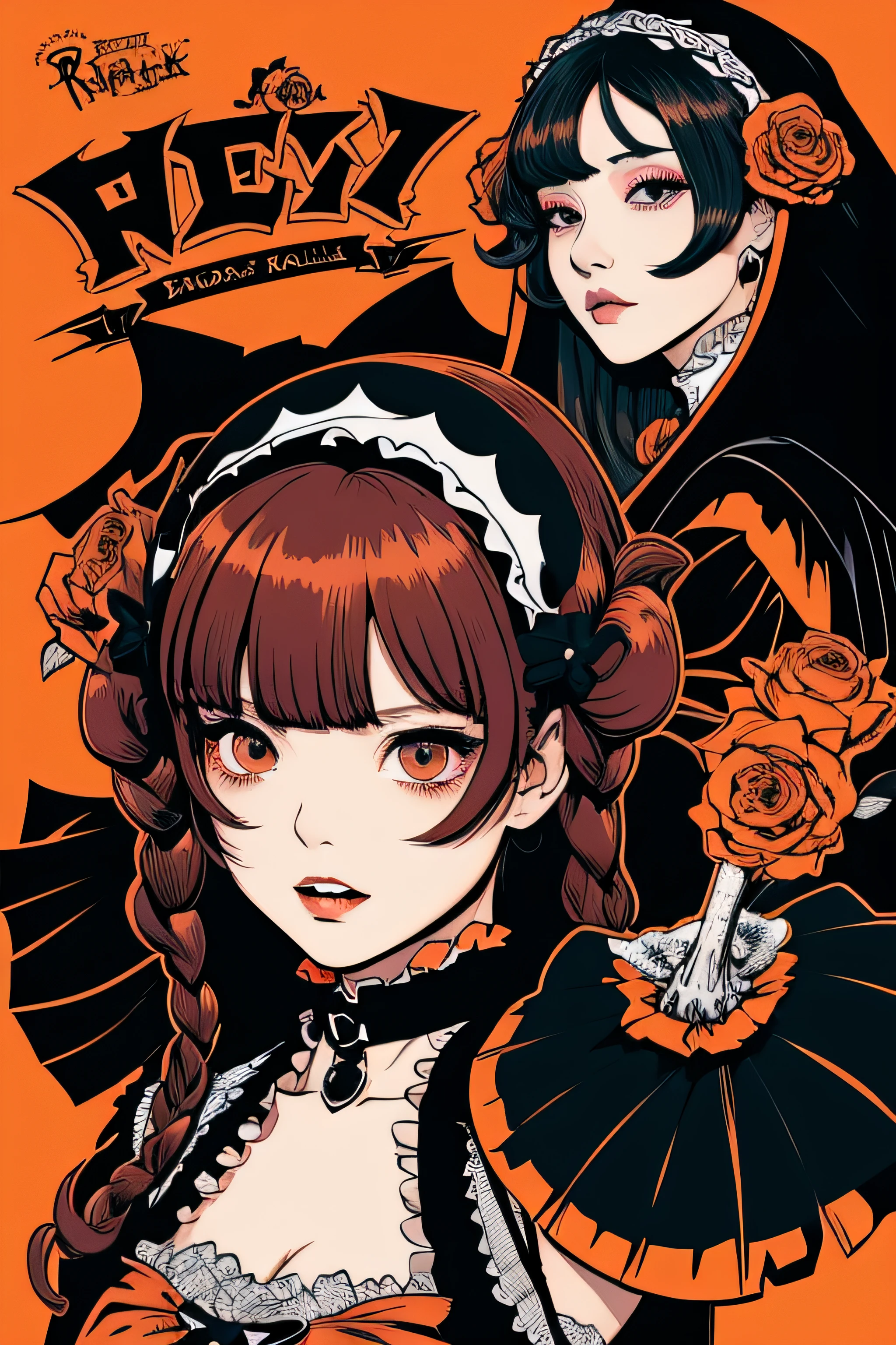 Beautiful Hardcore Illustration homepage illustration style, dark, high resolution, hard touch illustration, strong outline, two girls, gothic & ta style, gothic & loliashion, 8k, American comic style, colorful background, Hiroyuki Nagasaka, aggressive, beautiful face, cool beauty, dress, beauty style, orange color, battle, Hard illustration, sliver colored hair, Two persons, rose, backwards, Halloween small monster, Halloween, pumpkin, cloak,