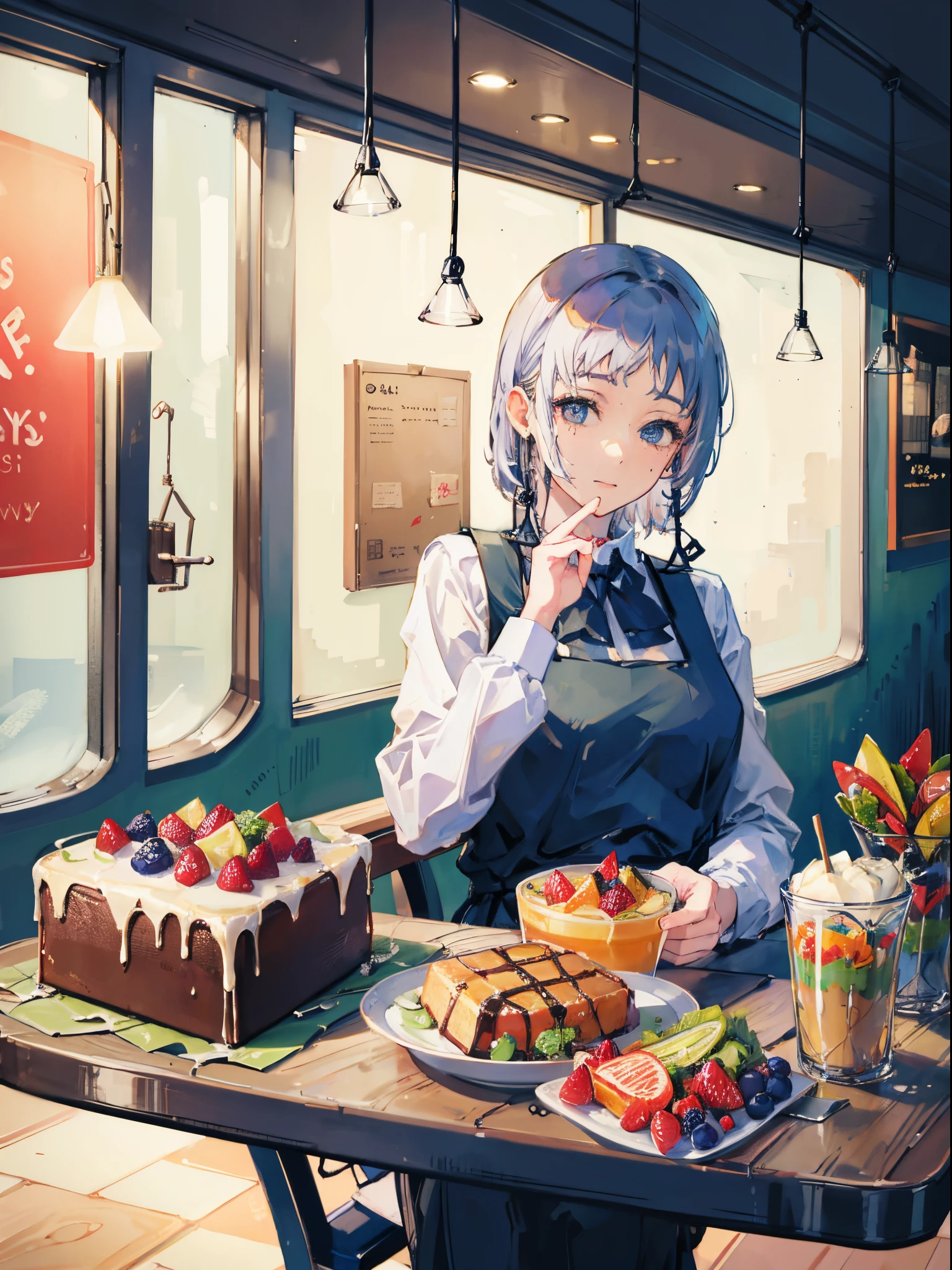 best quality, masterpiece, 2 girls, cafe, cake