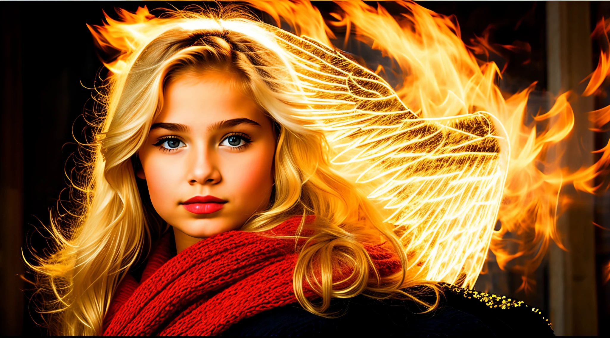 BLONDE GIRL CHILD, SUPER SHARPNESS 1.4, music photo fire, elemental, portrait