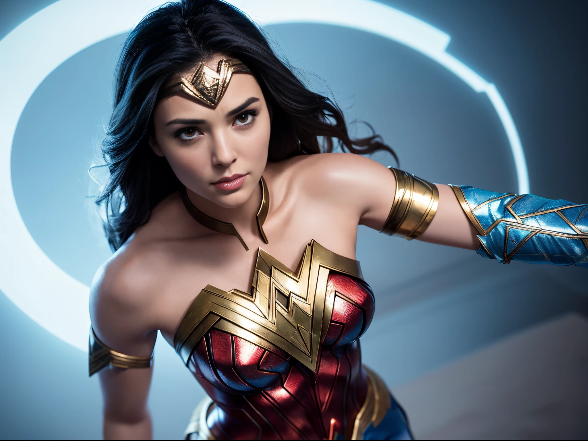 Extend the Wonder Woman narrative into the broader DC Universe within # Plex. Envision a hyperrealistic scene where Wonder Woman interacts with holographic representations of other iconic DC characters. Implement cinematic lighting and intricate detailing to create a visually striking scene that pays homage to the interconnected world of superheroes.