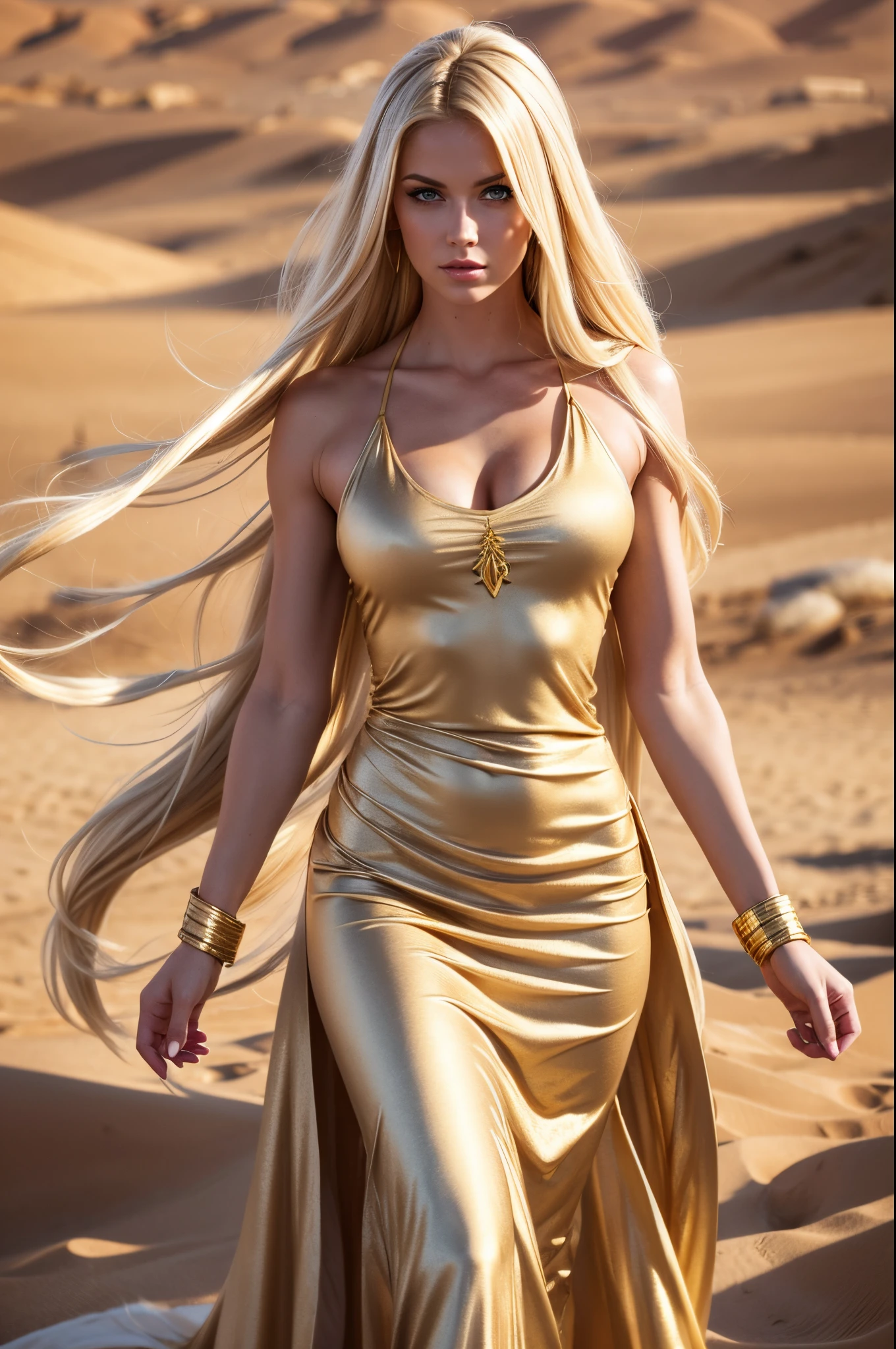 GODDESS BOMBSHELL, HUGE LONG HAIR, BLONDE HAIR, BEIGE LONG DRESS, NECK DRESS, HUGE LONG DRESS, GOLD GAUNTLETS, GOLD TIARA, ATHLETIC BODY, MUSCLES, BLUE EYES, PALE SKIN, DESERT, DAYLIGHT, SUN, MASTER PIECE, HIGH QUALITY IMAGE.