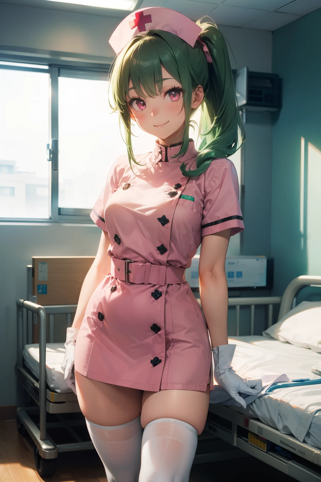 1girl, solo, nurse, nurse cap, white nurse uniform, ((white legwear, zettai ryouiki)), white gloves, ponytail, green hair, pink eyes, smile, standing, ((hospital room)), sharp outline, short sleeves, best quality, masterpiece