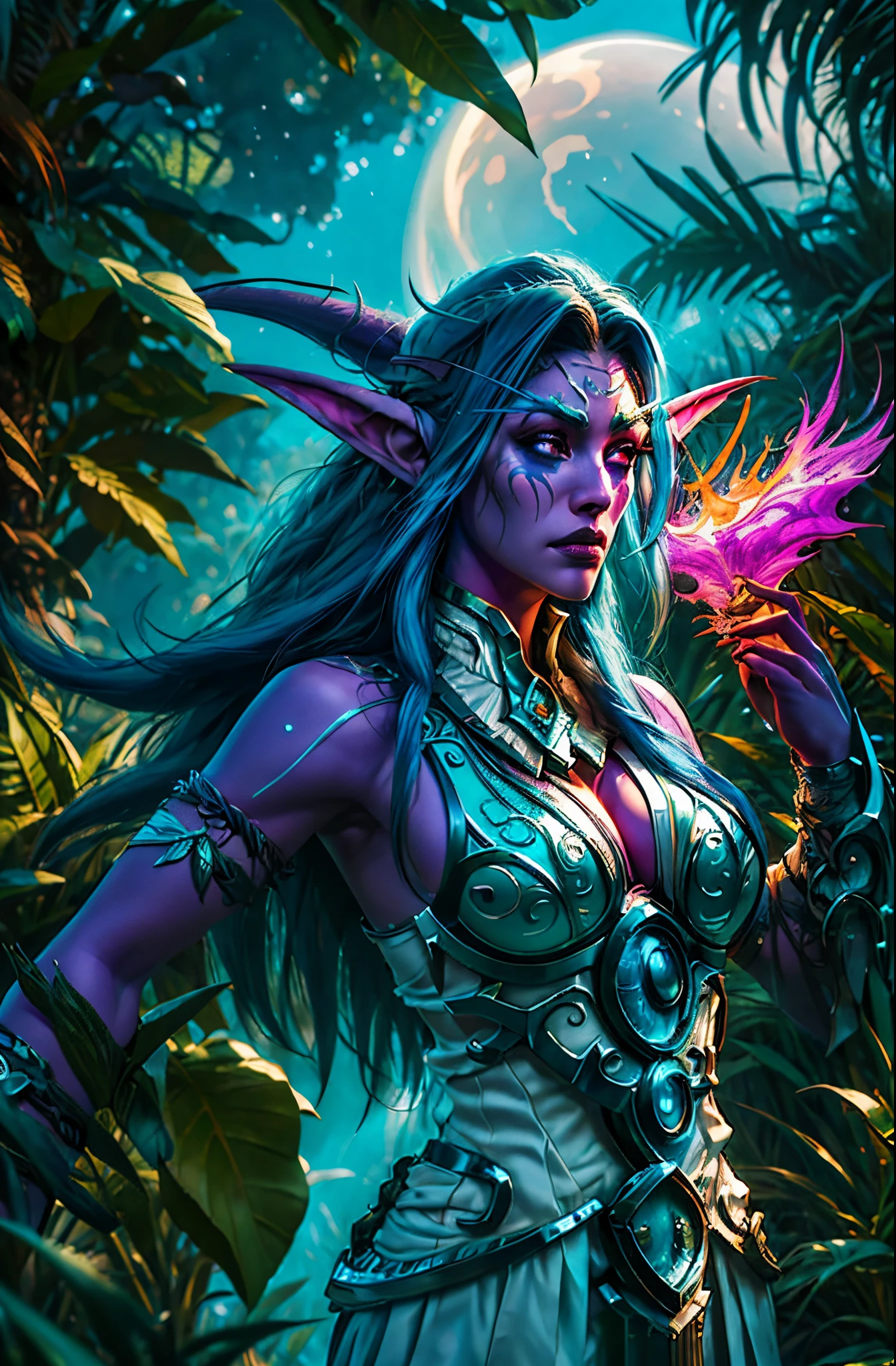 ultra high detailed 3d render of a Tyrande Whisperwind wondering through jungle, high quality, super quality, sharp details, high details, octane render, unreal engine 5.0 graphics, cinematic look, realistic, hyper-realism, {{{Warcraft}}}, warcraft character, nice slim body, perfect body, beautiful body, beautiful face, very nice face, very nice facial features, very detailed face, very detailed facial features, high detailed body, high detailed face, nice cloth, UHD