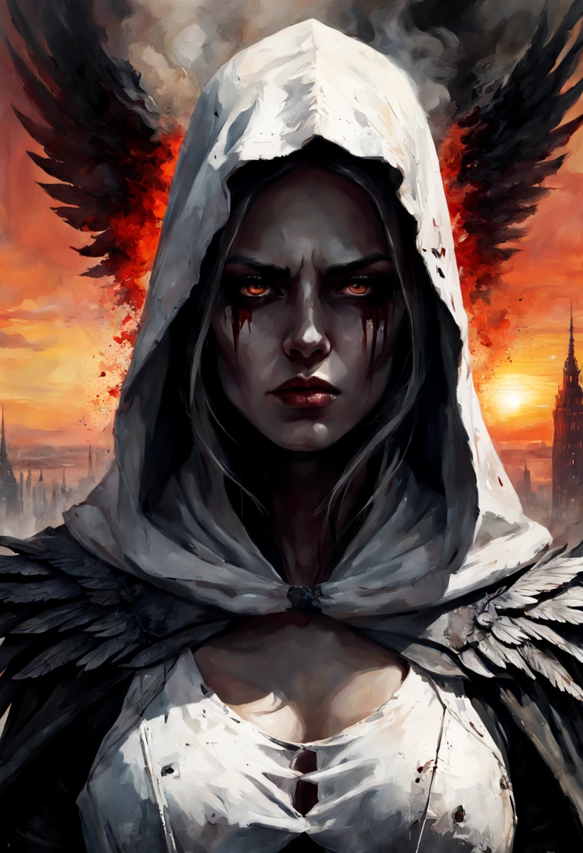 Digital art,
Epic, a white bloody angel female towers over a destroyed world, her face is covered with a hood, his gaze is directed at the viewer, his symmetrical wings are smoking, the best quality, a masterpiece, like a still from a film about the apocalypse, horror style, sunset
RTX, 4k, Gabriele Dell'otto, AI Midjourney, bright saturated colors, watercolor, oil paints, HDR, 500px, 4k