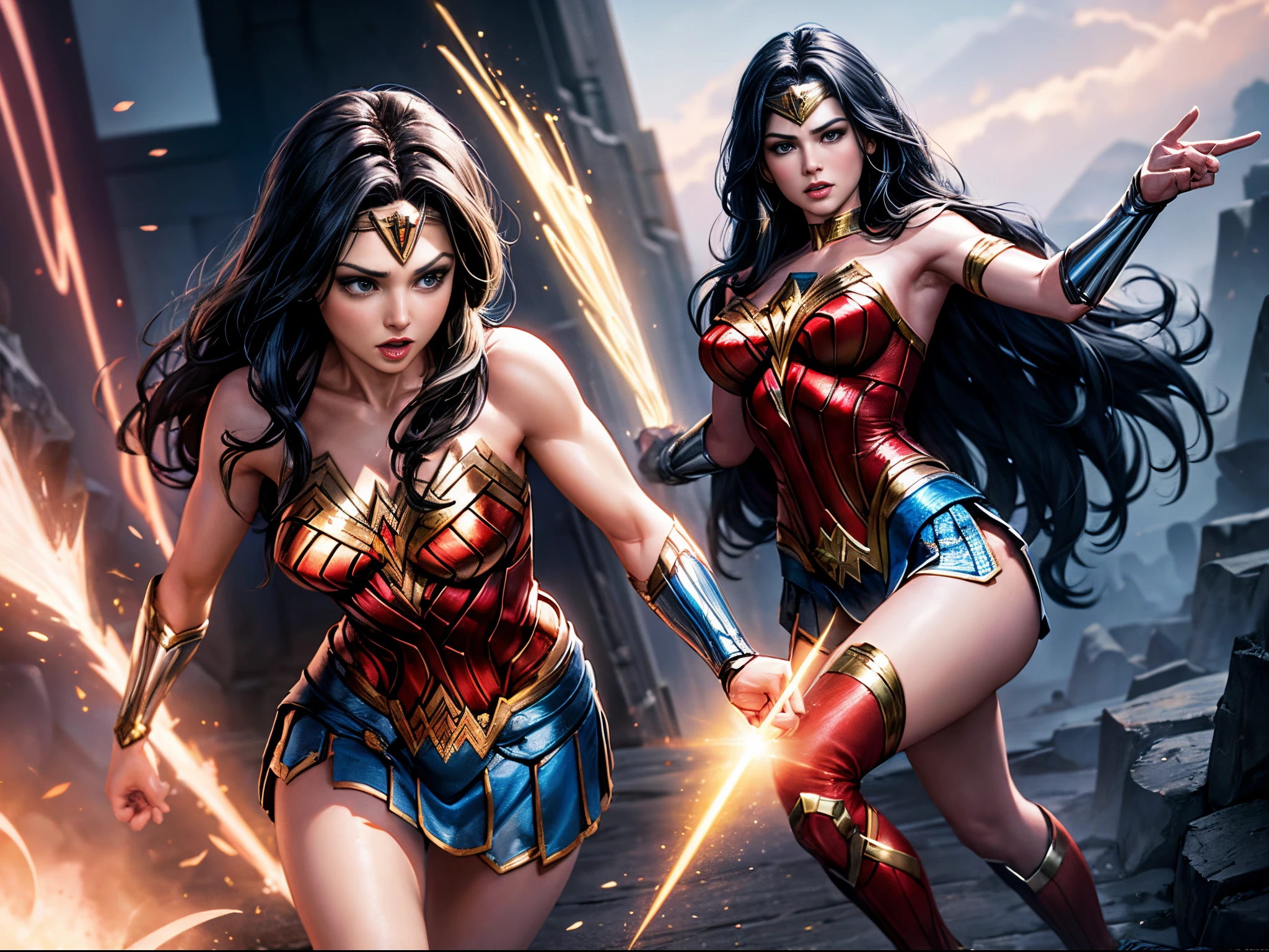 Extend the Wonder Woman narrative into the broader DC Universe within # Plex. Envision a hyperrealistic scene where Wonder Woman interacts with holographic representations of other iconic DC characters. Implement cinematic lighting and intricate detailing to create a visually striking scene that pays homage to the interconnected world of superheroes.