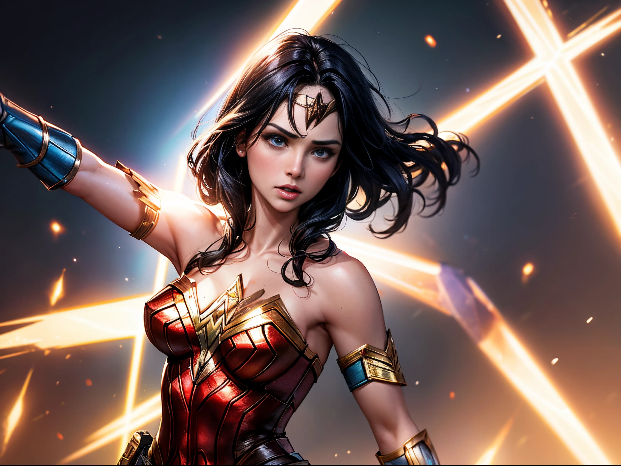 Extend the Wonder Woman narrative into the broader DC Universe within # Plex. Envision a hyperrealistic scene where Wonder Woman interacts with holographic representations of other iconic DC characters. Implement cinematic lighting and intricate detailing to create a visually striking scene that pays homage to the interconnected world of superheroes.