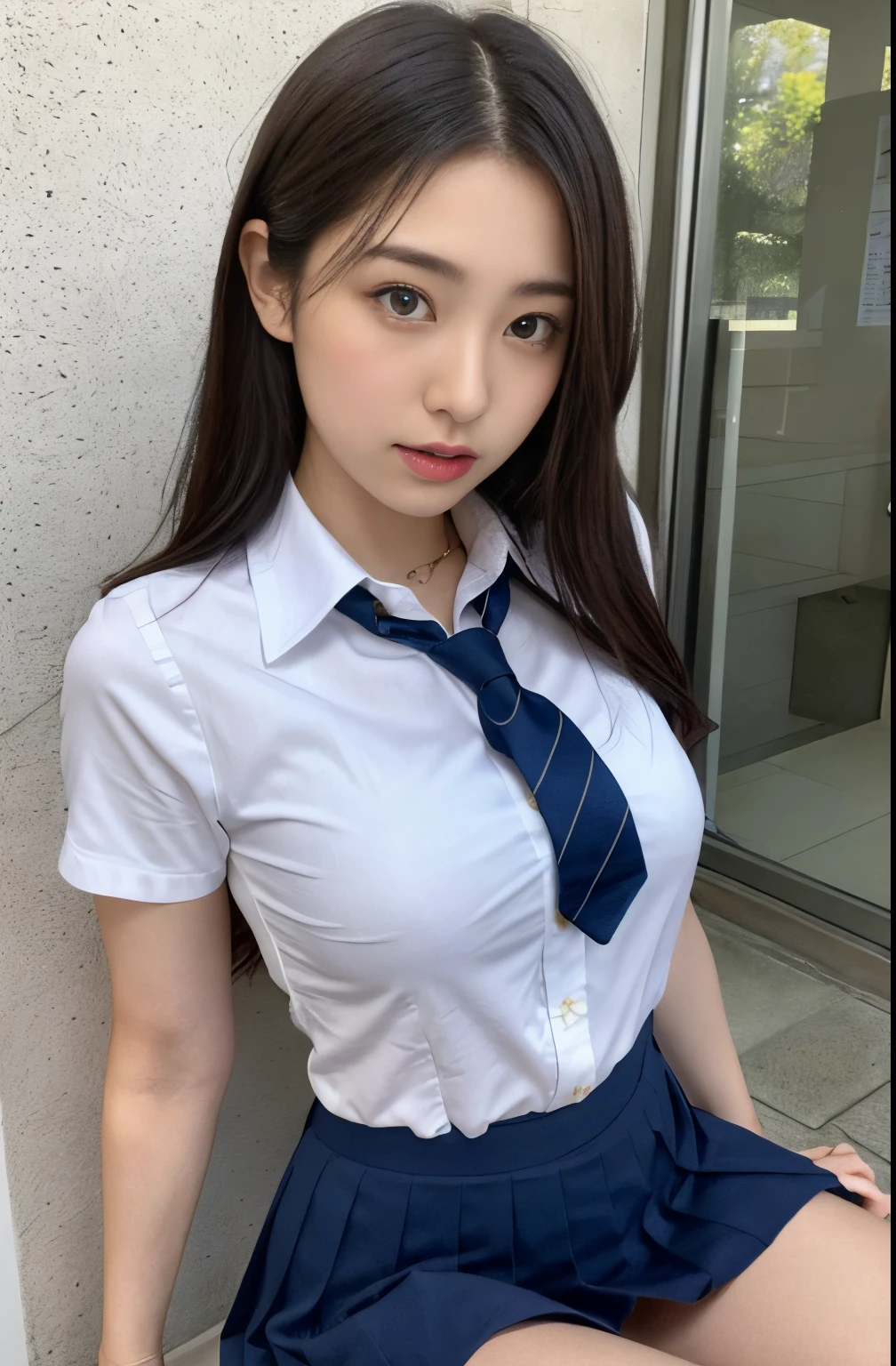 japanaese girl、Girl in her 20s、perfect body type、Transparency、discreet breasts、School Uniforms、Navy blue tie、Navy blue skirt、Light blue shirt、hposing Gravure Idol,Shirt comb、open one's legs