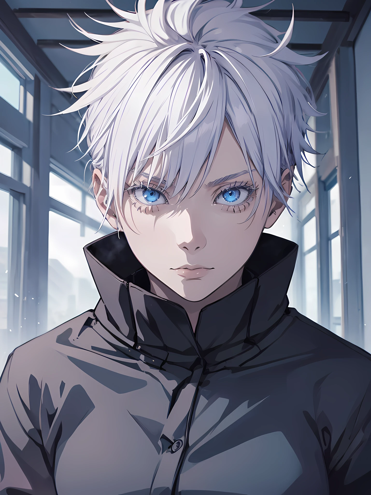 Woman, famale version, female, solo, alone, jujutsu kaisen, white hair, white eyebrows, white eyelashes, light blue eyes, detailed eyes, wearing black shirt, black clothing, classroom, high quality, 4k resolution, anime