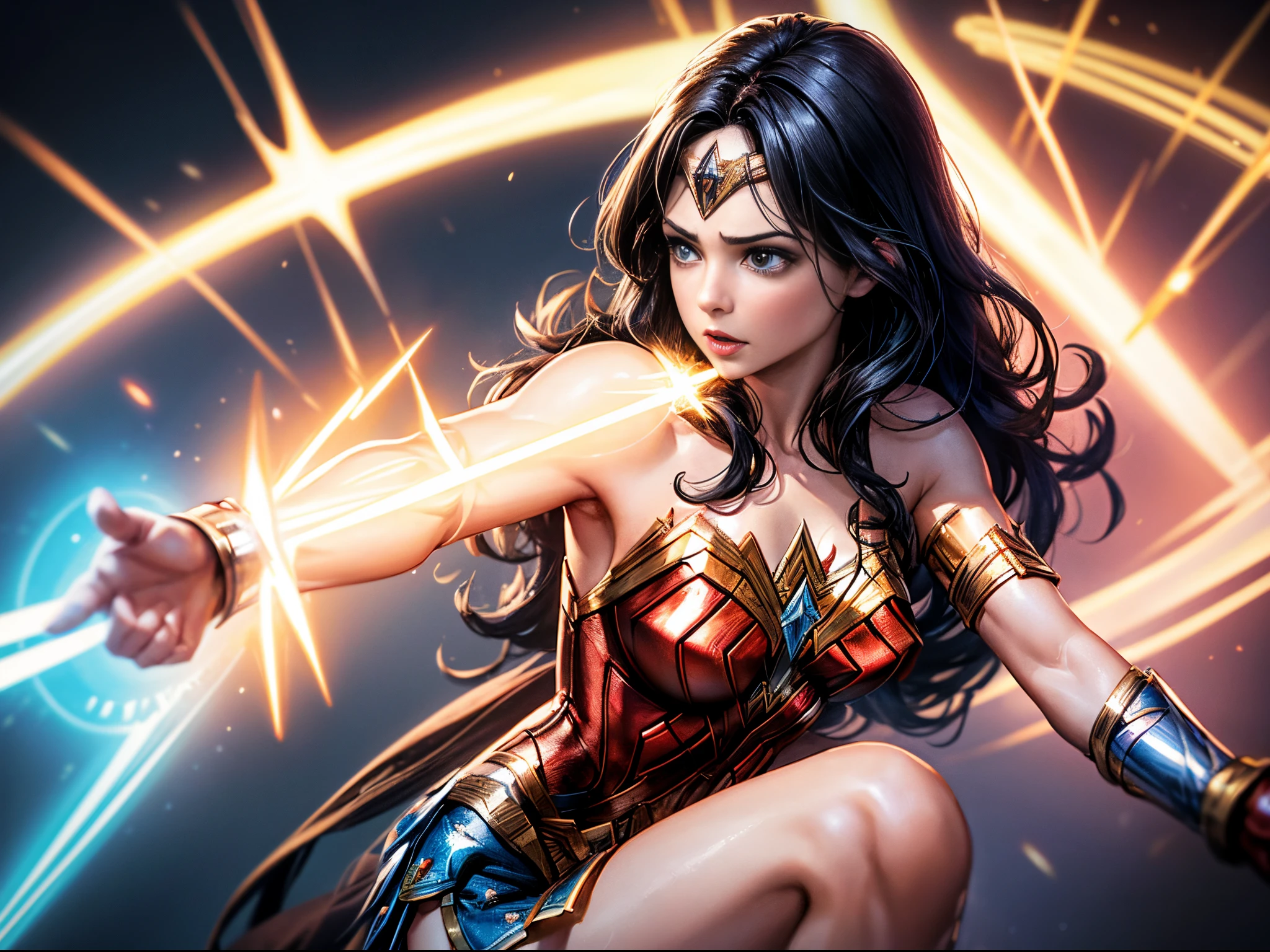 best quality,4k,8k,highres,masterpiece:1.2,ultra-detailed,realistic:1.37,Wonder Woman,DC Universe,Marvel Universe,Multiverse,cosmic portal,mesmerizing nexus,interconnectedness of parallel worlds,female superhero,iconic costume,red,blue,gold,laser-sharp focus,heroic pose,powerful,confident,Amazonian warrior,shield,lasso of truth,brilliantly colored background,action-packed,explosive energy,breathtaking landscape,portraits,unstoppable force,strong,wild flowing hair,determined expression,powerful stance,fierce eyes,galactic dimensions,superhuman strength,saving the world,adventure,justice,brave,superpowers,intense battle,defeating enemies,towering skyscrapers,glimmering stars,astral energy,celestial beings,universe,diverse characters,Women of DC,Marvel's Avengers,Asgardians,Guardians of the Galaxy,Starfleet officers,powerful artifacts,cosmic entities,multiple realities,parallel dimensions,mythical creatures,cameo appearances,ultimate team-up,universe-shaking event,iconic heroines,unleashing their full potential,unprecedented power,genre-bending crossover,awe-inspiring,unbelievable action sequences,intertwining storylines