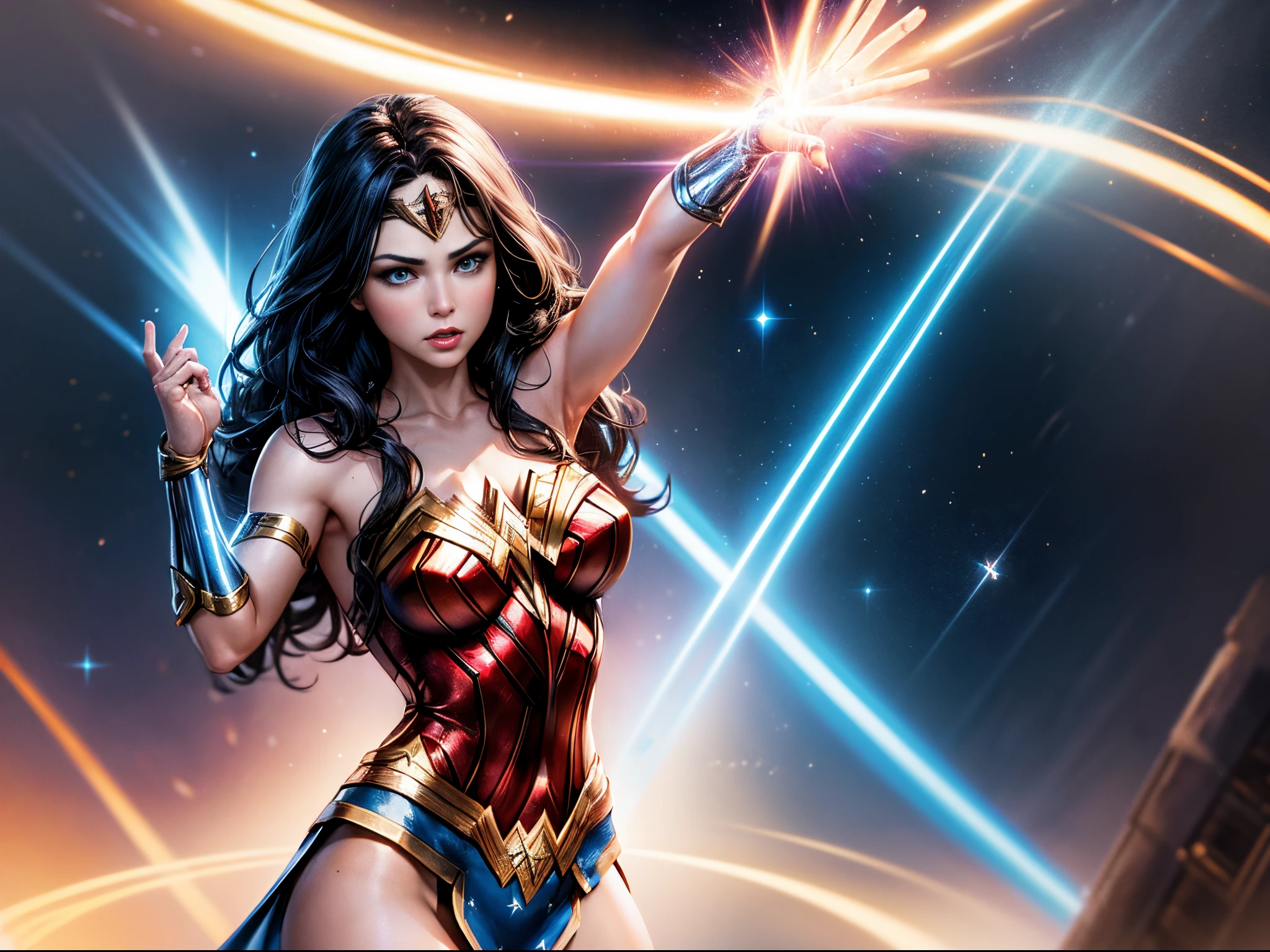 Extend the Wonder Woman narrative into the broader DC Universe within # Plex. Envision a hyperrealistic scene where Wonder Woman interacts with holographic representations of other iconic DC characters. Implement cinematic lighting and intricate detailing to create a visually striking scene that pays homage to the interconnected world of superheroes.