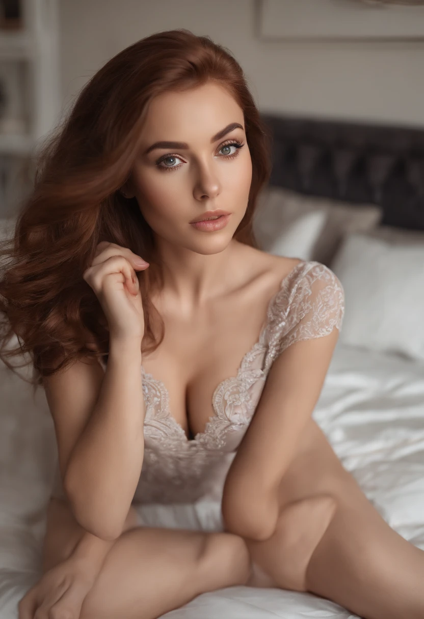 arafed woman fully , sexy girl with gray eyes, ultra realistic, meticulously detailed, portrait sophie mudd, red hair and large eyes, selfie of a young woman, bedroom eyes, violet myers, without makeup, natural makeup, looking directly at the camera, face with artgram, subtle makeup, stunning full body shot kneeling on bed, in bedroom, large size bust