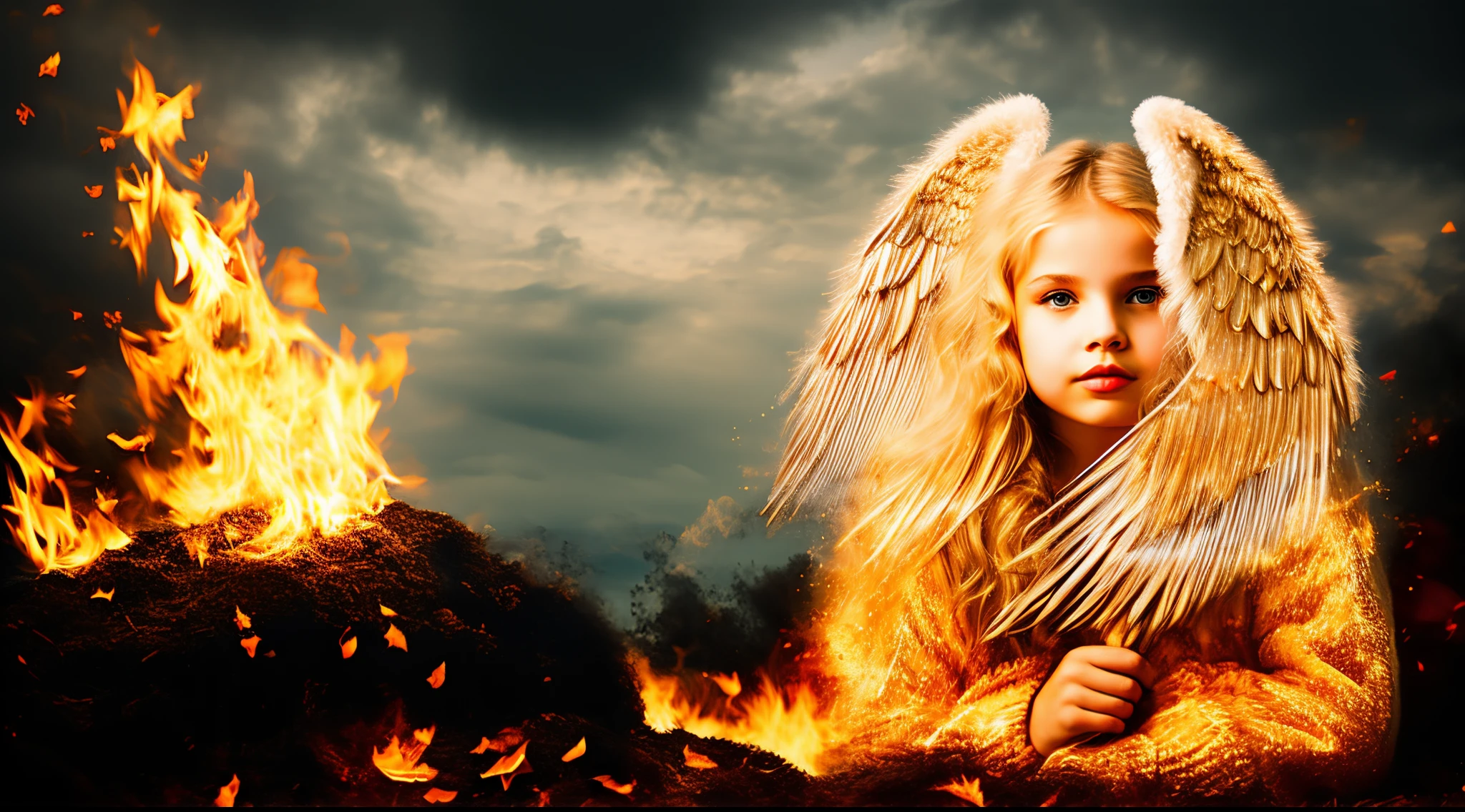 best quality, 4k, (foco nítido: 1.1), Detalhe realista, angel with blonde hair, fantasia, fantasia portrait, fire, (wings made of fire: 1.3), ouro gravado, halo made of fire, night sky,