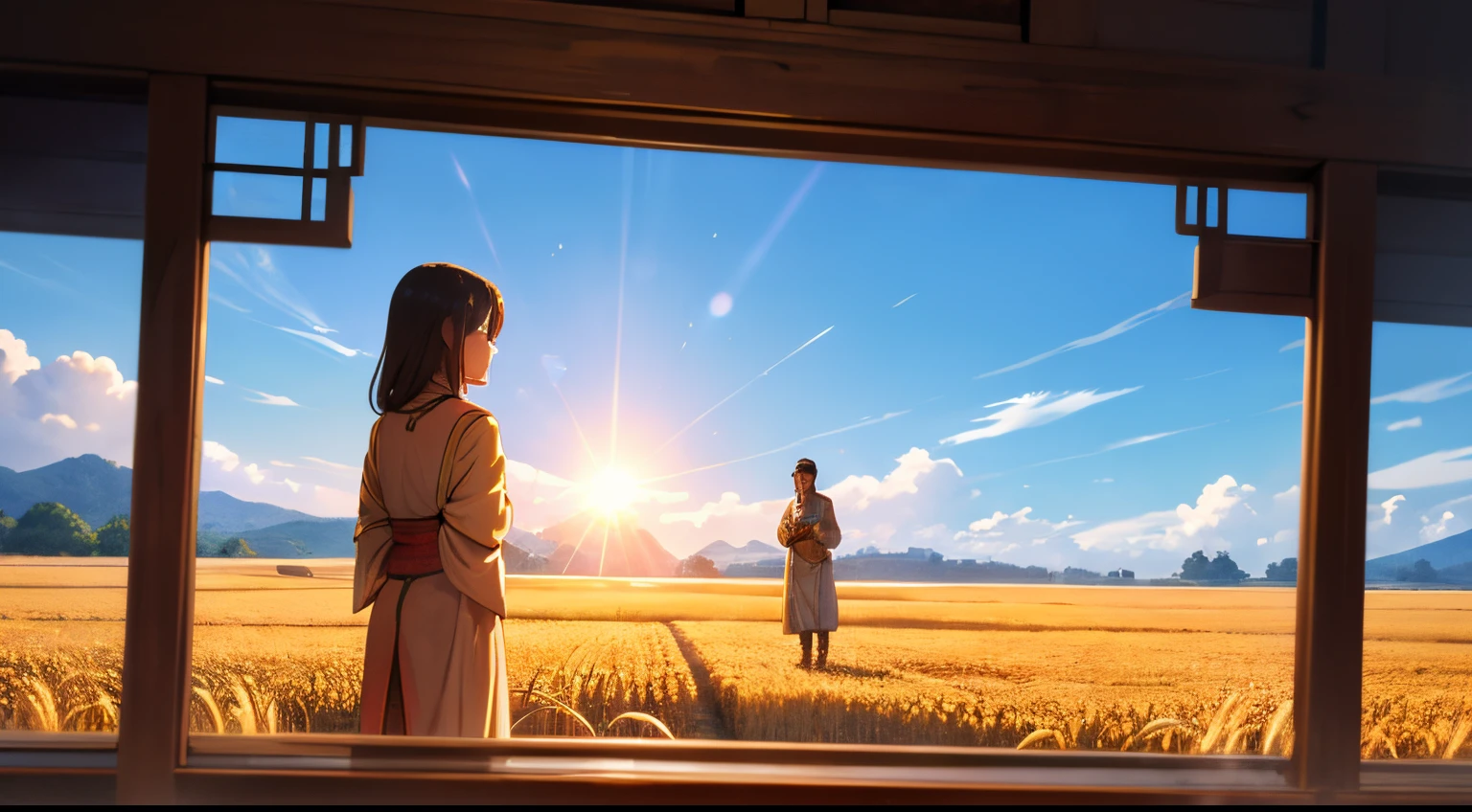 tmasterpiece, Best quality at best, A high resolution, Tano, Golden wheat field, Ancient Chinese farmers bent over with sickles to cut wheat, Ancient Chinese clothes, Ancient Chinese coarse cloth, worn-out clothing, High quality face, Faraway view, The sun is shining, depth of fields, cinematic lighting, lens flare, Wide-Angle
