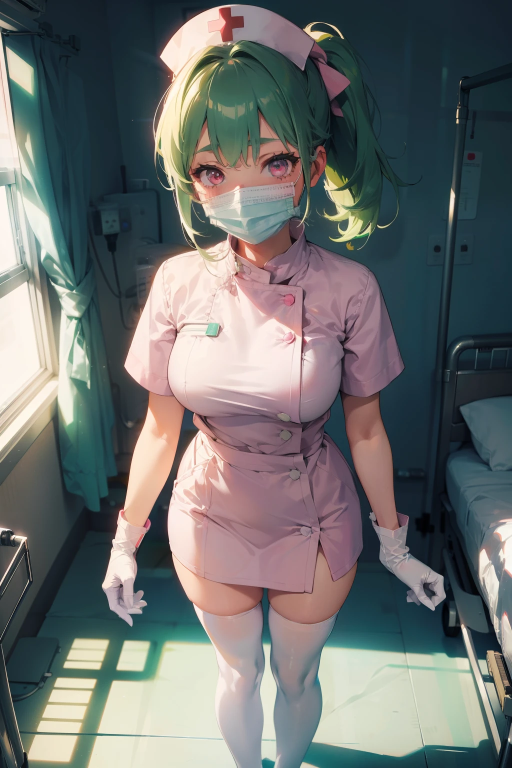 1girl, solo, nurse, nurse cap, white wear, ((white legwear, zettai ryouiki)), white gloves, ponytail, green hair, pink eyes, ((white surgical mask, covered nose)), standing, ((hospital room)), sharp outline, short sleeves, best quality, masterpiece