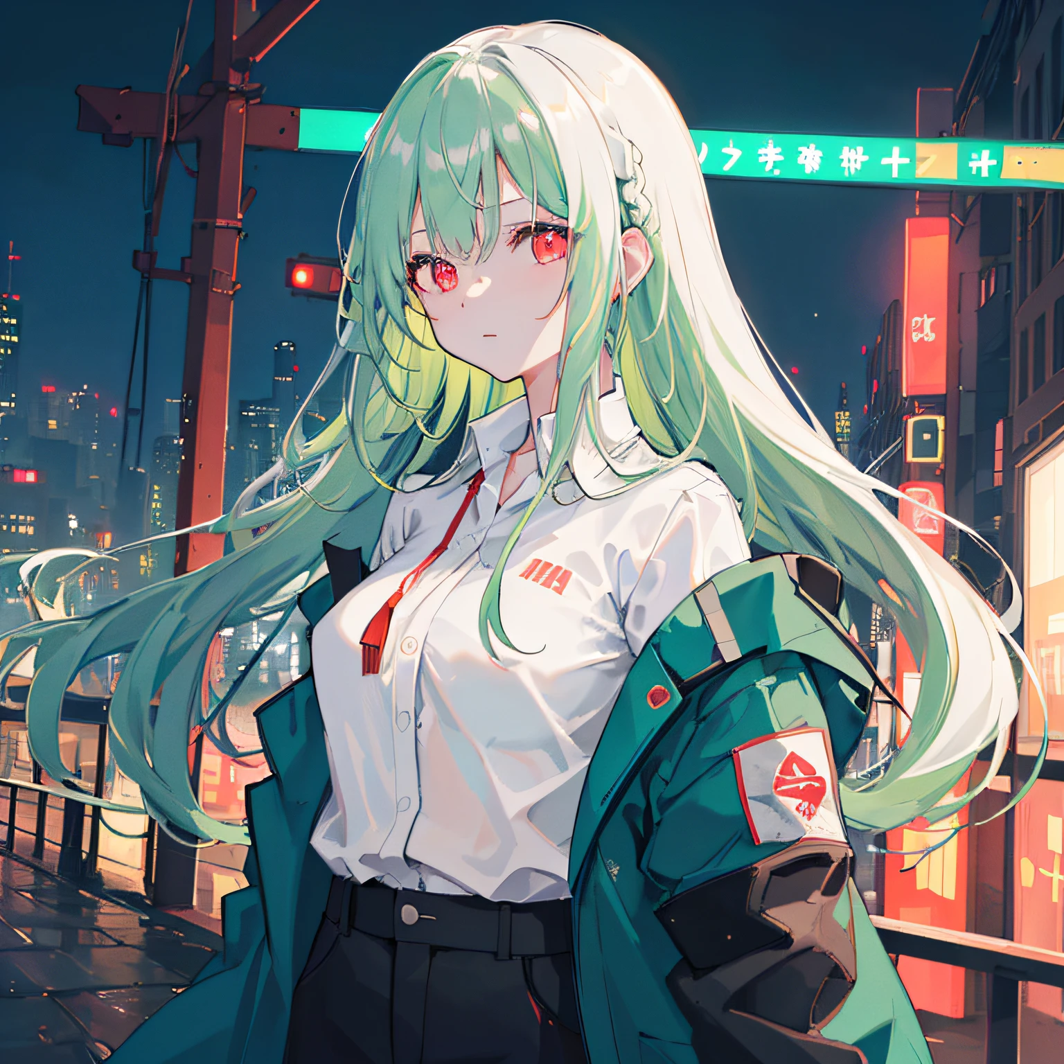 1girl in, 独奏, Lori, 小柄,(night_sky), (very_long_green_hair), Braids, (red_eyes), medium_breasts, (white_shirt:1.5), (windbreaker), (portlate), glowing_eyes, background_light, (Cityscape:1.5), (neon_lights:1.2), (scienc), cyberpunked, ((masterpiece)), (Hi-Res), (best_quality), (highly_detailed), (original),(Delicate background),(Very detailed 8k wallpaper),cinematlic lighting, Volume Lighting, light Particle, shaded_face, beautiful_detailed_eyes, depth_of_field、point of view、