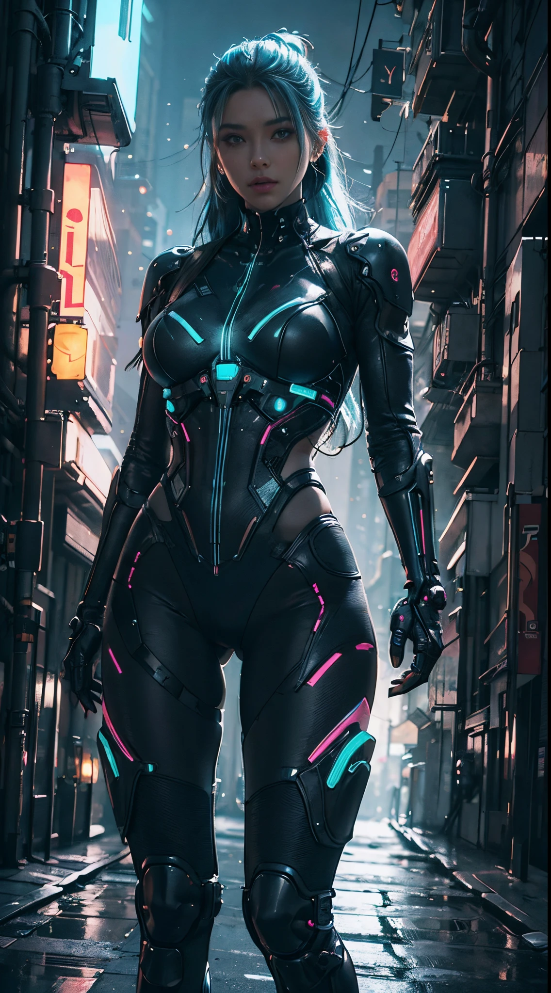 A woman in a futuristic suit standing in a city street - SeaArt AI