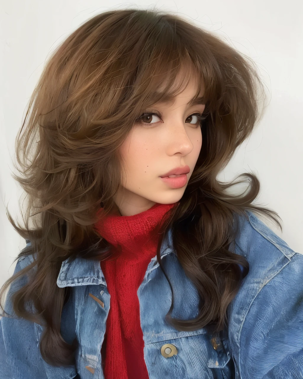 Mujer arafed con pelo largo que llevaba una bufanda roja y una chaqueta vaquera., auburn hair with bangs, brown hair and bangs, brown long hair with bangs, Pokimane, con flequillo, flequillo de cortina, flequillo esponjoso, brown bangs, Girl with brown hair, Cabello limpio con flequillo, flequillo y cabello ondulado, Pelo largo con flequillo, con flecos marrones