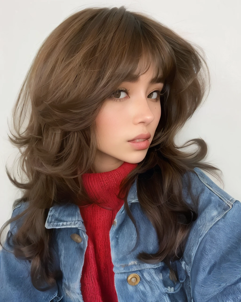Mujer arafed con pelo largo que llevaba una bufanda roja y una chaqueta vaquera., auburn hair with bangs, brown hair and bangs, brown long hair with bangs, Pokimane, con flequillo, flequillo de cortina, flequillo esponjoso, brown bangs, Girl with brown hair, Cabello limpio con flequillo, flequillo y cabello ondulado, Pelo largo con flequillo, con flecos marrones