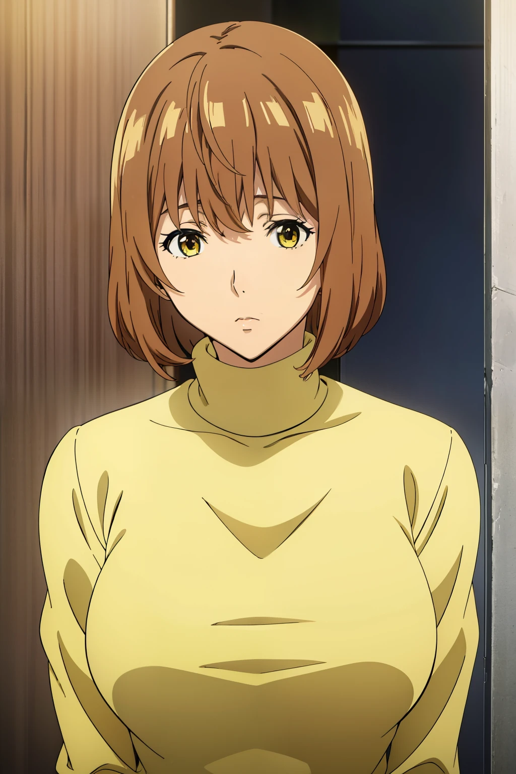 Best Quality, masutepiece, Brown hair, Yellow eyes, Yuriko Aoki, Stand in the changing room, Chest shyness, oversize breast, no sleeves, Tight turtleneck, The upper part of the body, Close-up on the chest,