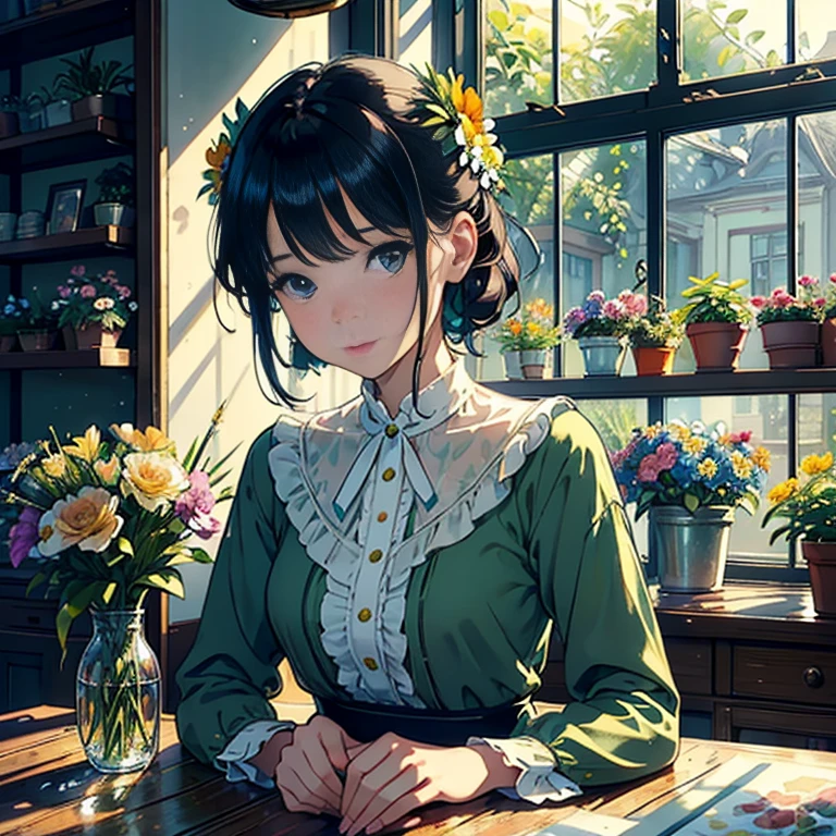 ((Watercolor in Sargent style))、(top-quality、masterpiece)、超A high resolution、high-detail、(David Hamilton Style)、(softfocus)、Soft light、1人の女性、20yr old、((take care of flowers))、classic one piece uniform、A stunning、Short black hair、Bunching hair、Crisp face、cute face、(detailed face depiction)、Detailed eyes、Medium-sized breasts、((Flower Shop))、((The store sells green plants)), The main entrance is glazed., The windows are made of glass, On the window shelves there are potted plants and flowers、Quiet moments、Vintage atmosphere、Fascinating beauty、Lush green environment、Side table、Flowers on the windowsill、teapot、florals、houseplant、