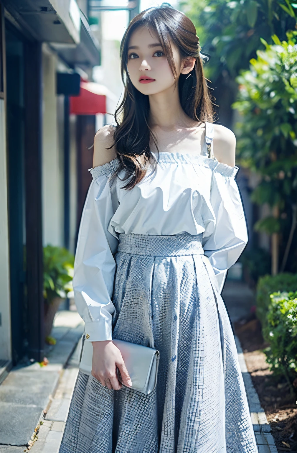 The off-the-shoulder top is available in white only、long skirt