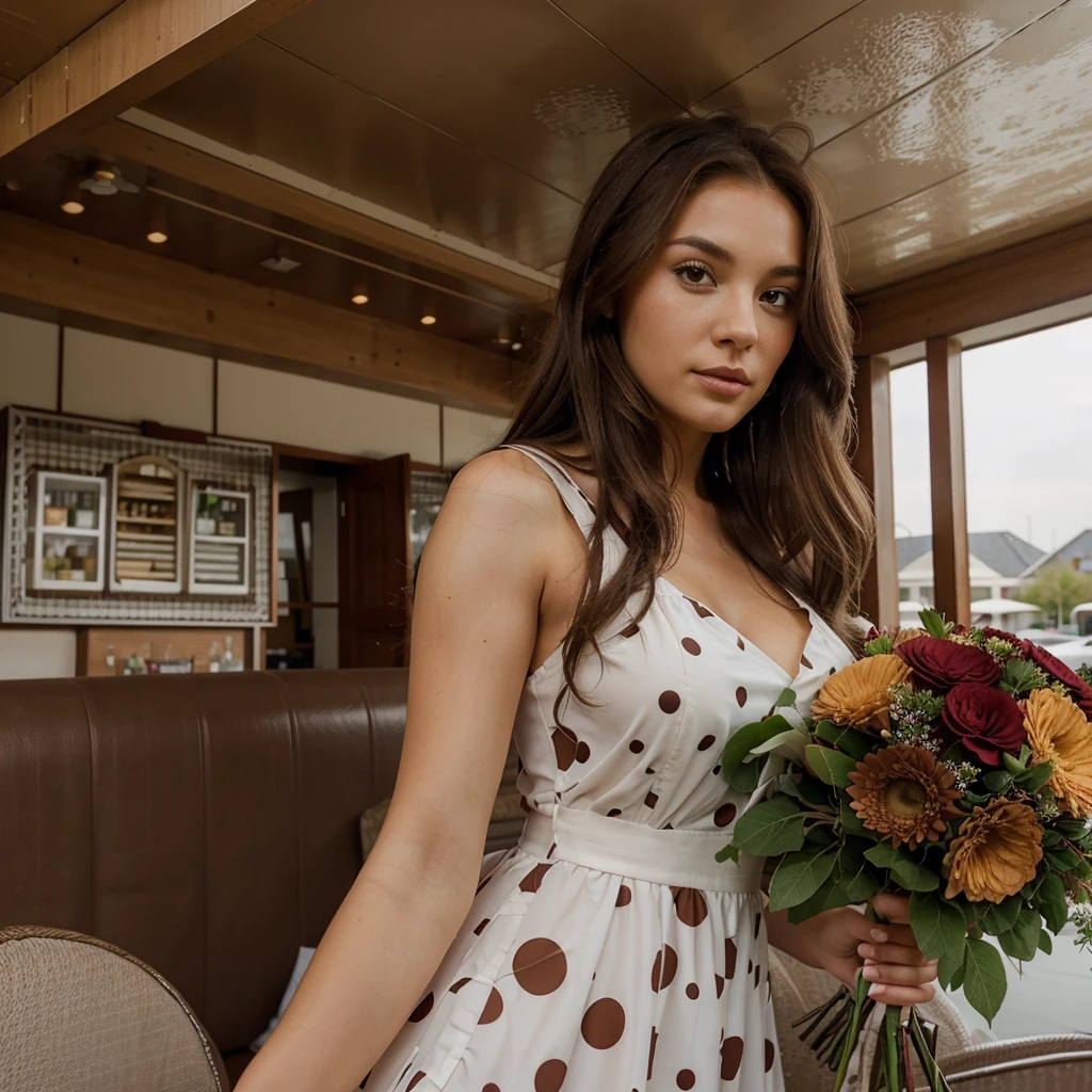 Sexy brown-haired woman in a polka dot dress with a bouquet of flowers on the roof of a restaurant