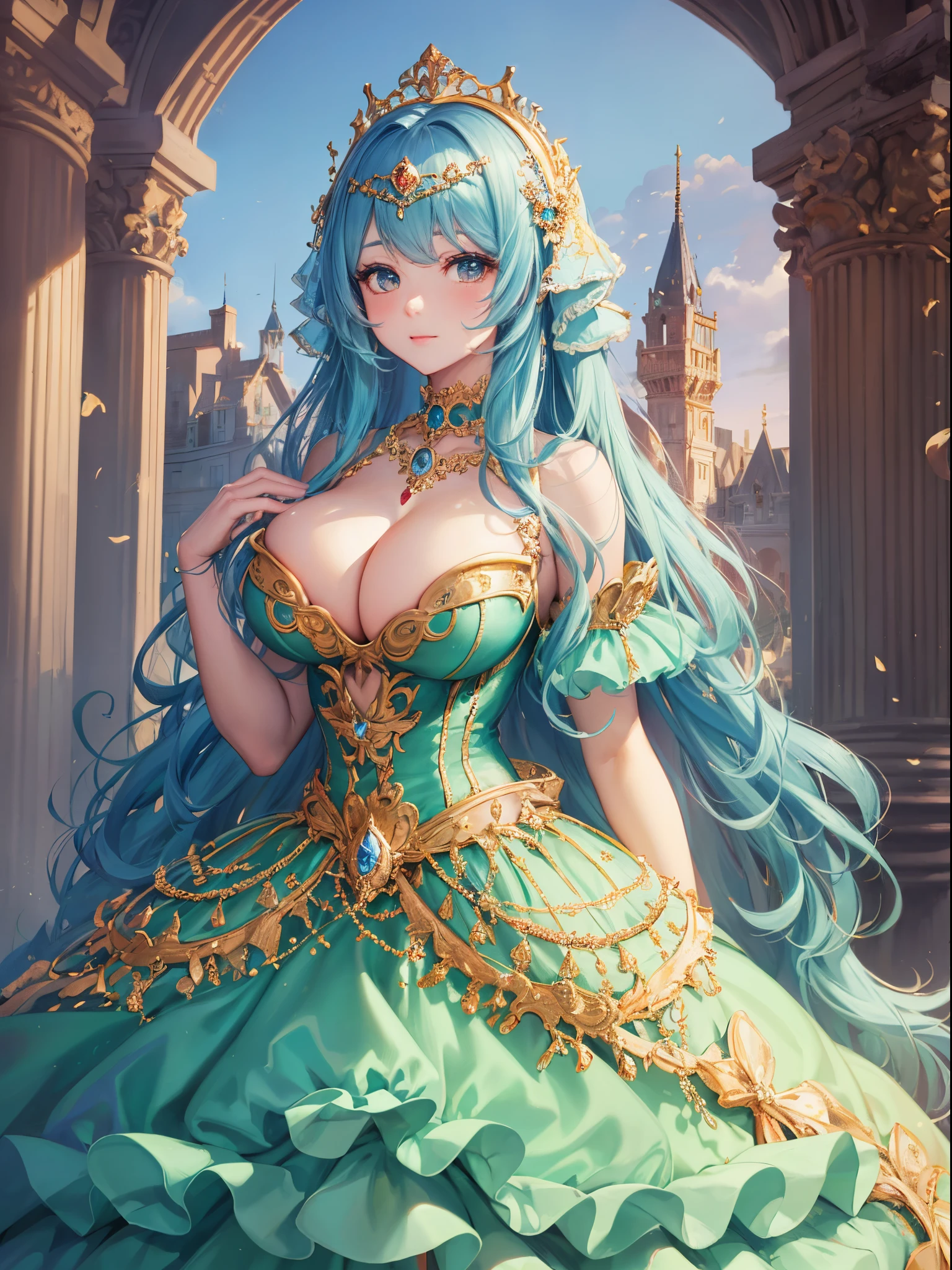 ultra-detailed, extremely detailed,((anime artstyle)),Masterpiece,(Best Quality),(Super Detail),(Very Delicate and Beautiful),((Solo)),((full body)),full body,((detailed face and eyes)),perfect eyes, rendered eyes,jewel-like beautiful eyes,((1 princess in beautiful embroidery and jeweled gorgeous rococo ballgown with frilled voluminous full length hoop skirt)),((Crinoline)),beautiful embroidery and jeweled gorgeous rococo ballgown with frilled voluminous full length hoop skirt,(large amount of straight hair,extremely voluminous Very Long straight Hair,Absolutely Long Straight Hair),sparkly skin,(((very gigantic boobs))),cleavage,(fantasy castle,outdoors,outside the castle),long_gloves,extremely gorgeousfull jeweled hair ornament,(bling-bling extremely gorgeousfull jeweled tiara),(luxurious jewelry),full body,beautiful embroidery and jeweled gorgeous rococo ballgown with frilled voluminous full length hoop skirt