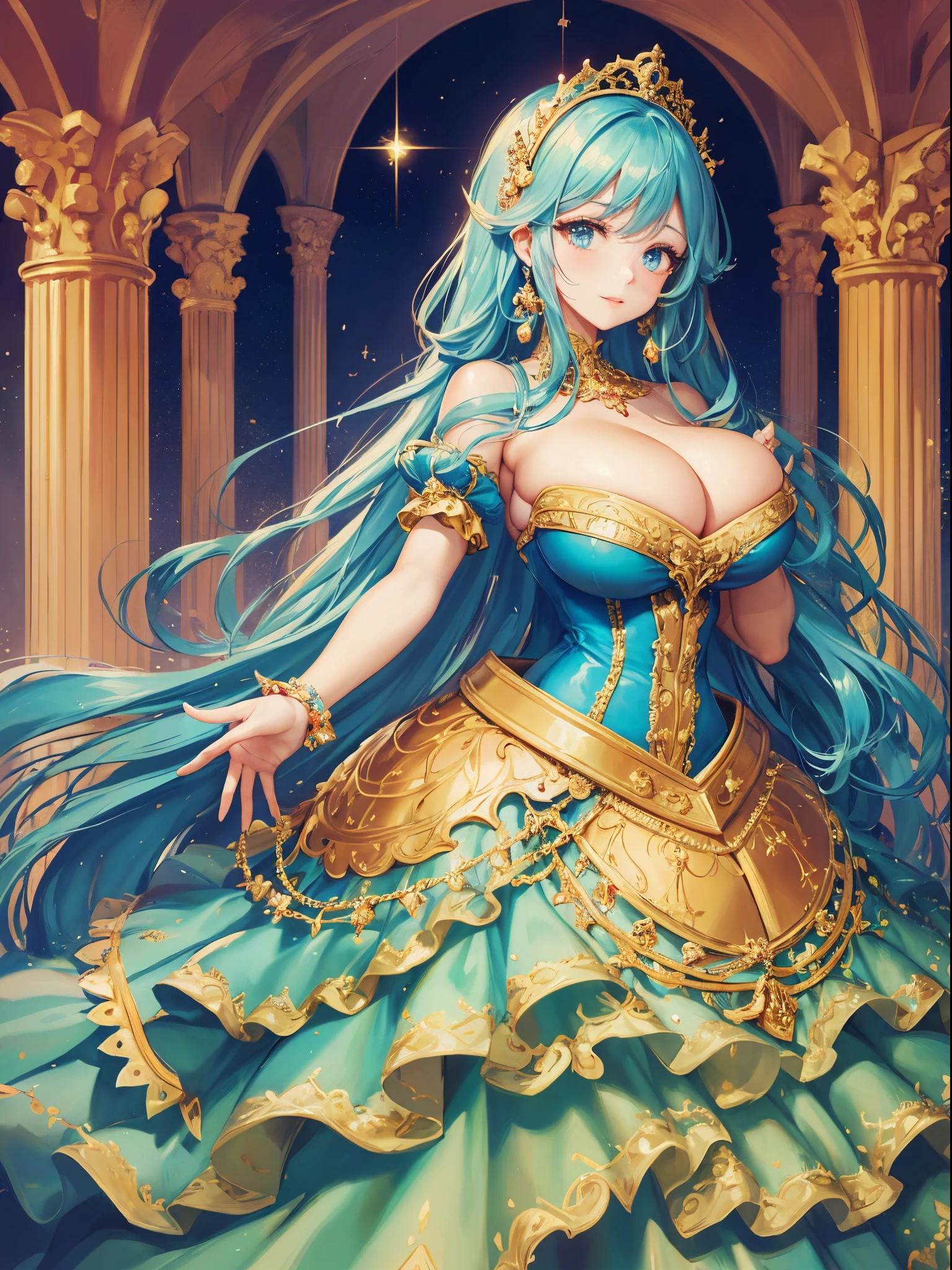 ultra-detailed, extremely detailed,((anime artstyle)),Masterpiece,(Best Quality),(Super Detail),(Very Delicate and Beautiful),((Solo)),((full body)),full body,((detailed face and eyes)),perfect eyes, rendered eyes,jewel-like beautiful eyes,((1 princess in beautiful embroidery and jeweled gorgeous rococo ballgown with frilled voluminous full length hoop skirt)),((Crinoline)),beautiful embroidery and jeweled gorgeous rococo ballgown with frilled voluminous full length hoop skirt,(large amount of straight hair,extremely voluminous Very Long straight Hair,Absolutely Long Straight Hair),sparkly skin,(((very gigantic boobs))),cleavage,(fantasy castle,outdoors,outside the castle),long_gloves,extremely gorgeousfull jeweled hair ornament,(bling-bling extremely gorgeousfull jeweled tiara),(luxurious jewelry),full body,beautiful embroidery and jeweled gorgeous rococo ballgown with frilled voluminous full length hoop skirt