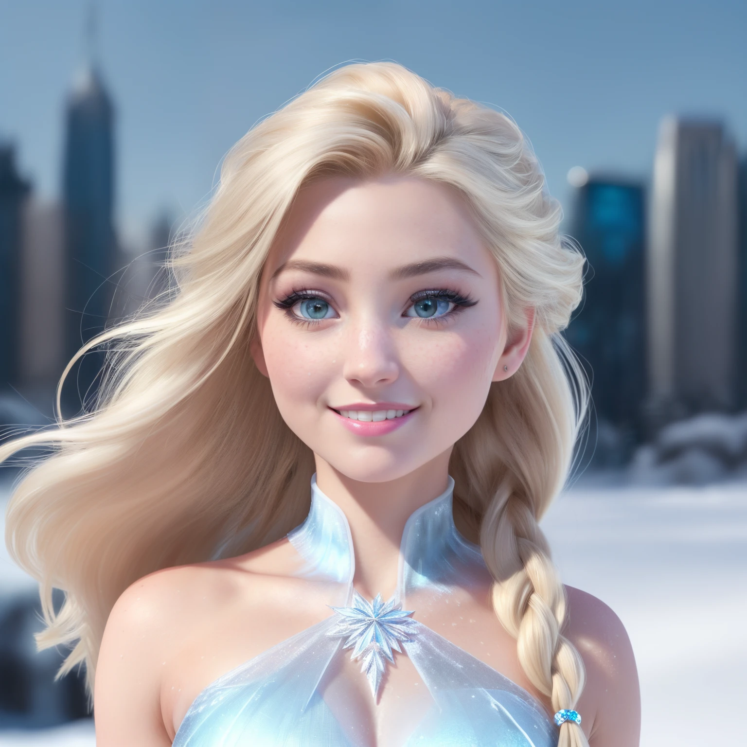 (8k), (best quality), (masterpiece:1.2), (realistic), (photorealistic:1.37), ultra-detailed, elsa, strapless v dress, detailed face, ((frozen night city background)), (stands straight), ((perfect female body, skin dentation)), mature female, milf, narrow waist, smile, (full body sy legs, blonde | ponytail | wavy, high quality, HDR, 4K, photorealistic, incredible detail of the skin, professional photo