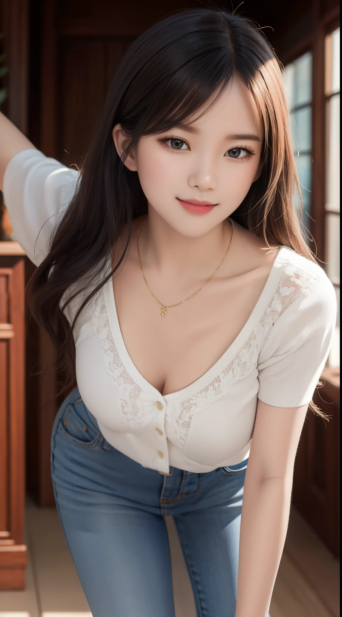 One girl, T-シャツ, 20-year-old Japanese, beautiful, cute face, pretty face, neat, smiling, 8-head body, height 165cm, weight 48kg, bust 83cm, waist 60cm, hips 82cm, selfie
