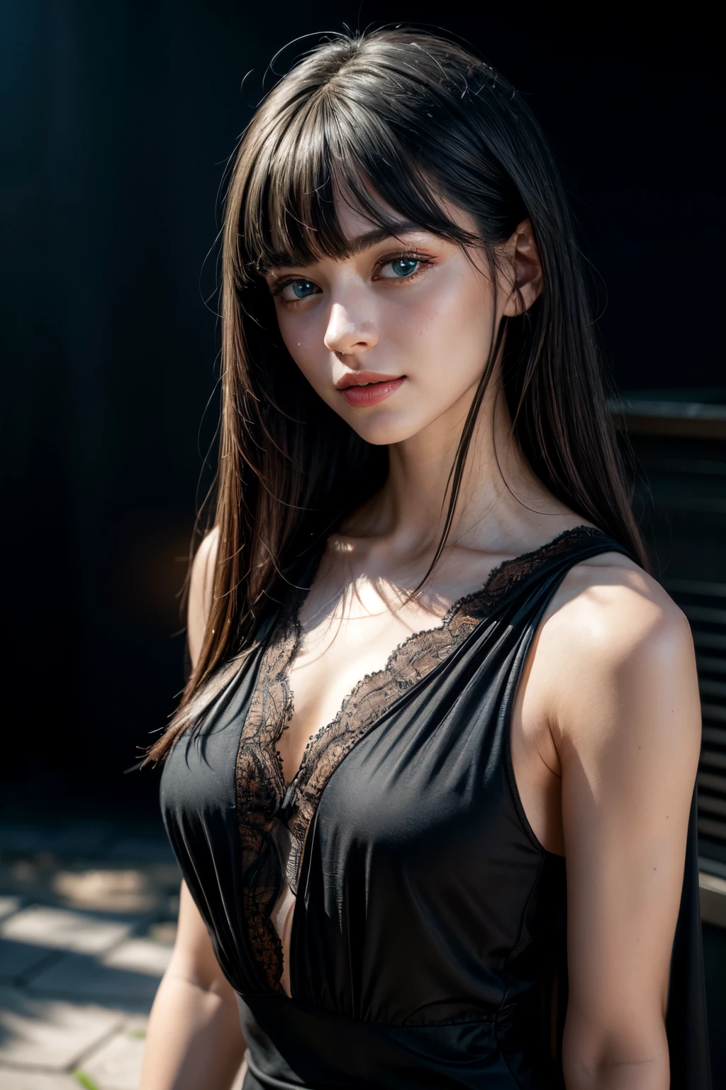 RAW photo, face portrait photo of beautiful young female with long sleek black hair with bangs ((flat bangs)), green eyes, 18ish girl, beautiful face, wearing black dress, smile face, closed mouth, not looking at viewer, hard shadows, cinematic shot, dramatic lighting.(Ultra Realistic), (Illustration), (Increased Resolution), (8K), (Extremely Detailed), (Best Illustration), (Beautiful and Detailed Eyes), (Best Quality), (Ultra Detailed), (Masterpiece ), ( wallpaper), (detailed face), solo, 1 girl, mature, age 25,looking at viewer, fine details, detailed face, in the dark, deep shadows, low key, pureerosfaceace_v1, smiling, long hair, black and white, shawl straight hair , 46 points oblique bangs, masterpiece, best quality, 35mm, 8k, absurdres, beautiful girl, (upper body, dark grey background:1.4), (black classical dress, black hair:1.6), slender, dark studio, rim lighting, ultra realistic, highres, photography, film grain, chromatic aberration, depth of field, sharp focus, HDR, facelight, dynamic lighting, cinematic lighting, professional shadow, dark shadow, highest detailed, extreme detailed, ultra detailed, finely detail, real skin, delicate facial features, detailed face and eyes, sharp pupils, realistic pupils, long black hair with bangs, black hair top, white hair undercolor, Split Hair Two Tone , Split Hair Two Tone black and white color hair,black hair, white hair, mix hair color,green eyes, white hair  emerald eyes. white hair, platinum hair color, green eye, green pupil.