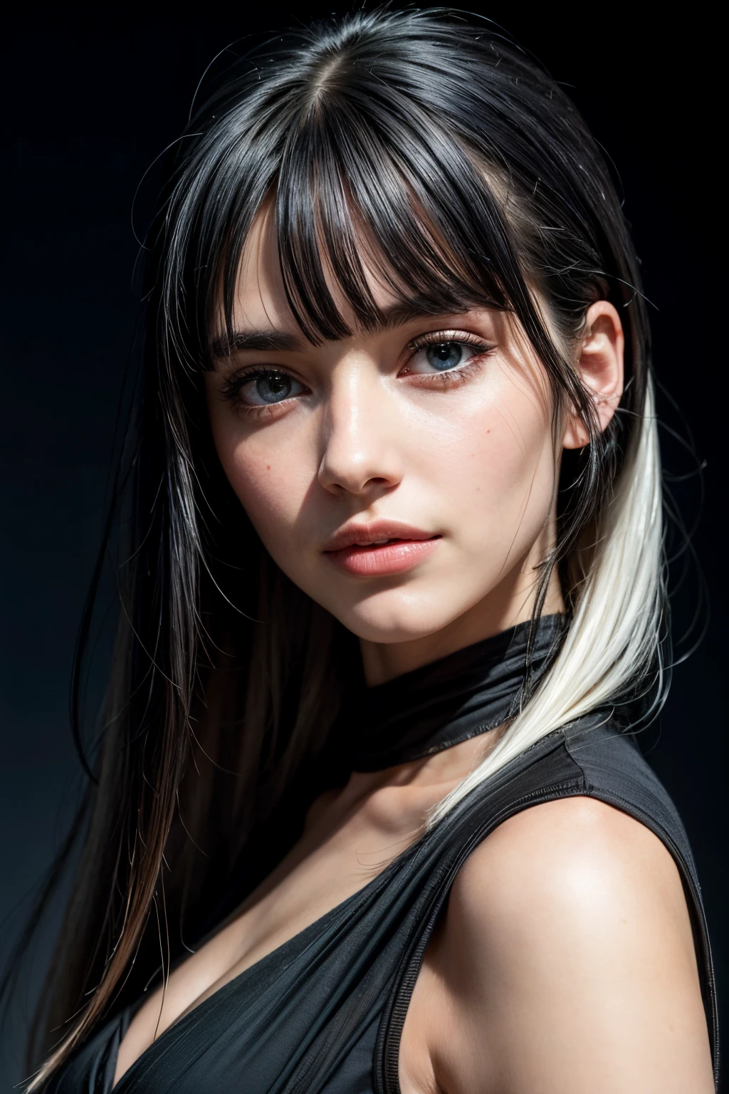 best quality, masterpiece, black hair, blue eyes, looking up, upper body