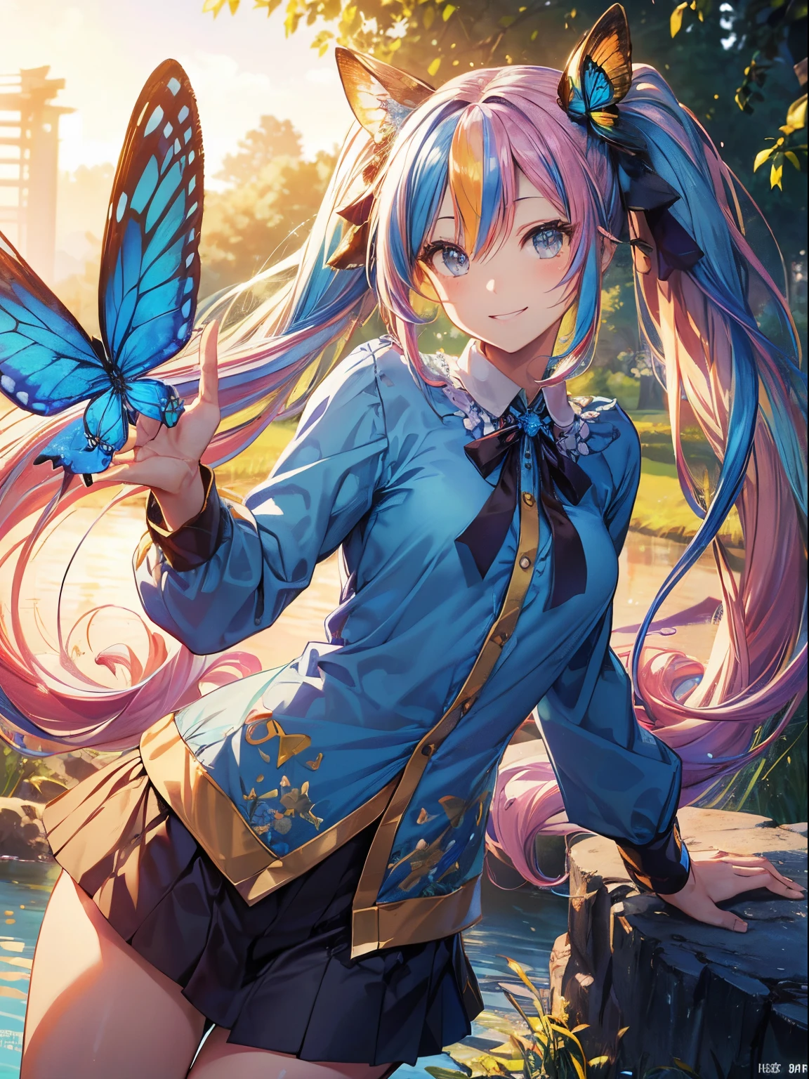 fox ear、Morning park、adventurer、adventure、daggers、(masutepiece:1.3), (8K, Photorealistic, Raw photo, Best Quality: 1.4), Beautiful face, (Realistic face), Beautiful detailed eyes, (Realistic skin), Attractive, Intricate details,Golden ratio, 1 girl,Naughty smile, (rainbow hair:1.4),((Long twintails,Ribbon 1.4)),Blue athletic wear,(Blue Butterfly Hair Ornament 1.3),Dynamic Pose,Dynamic Angle,Intricate details, Hyper realistic、A smile、Smiling、Face enhancement、Lake in the morning、The tree、the morning sun、Luz Divina、Deities、Heaven、rainbows