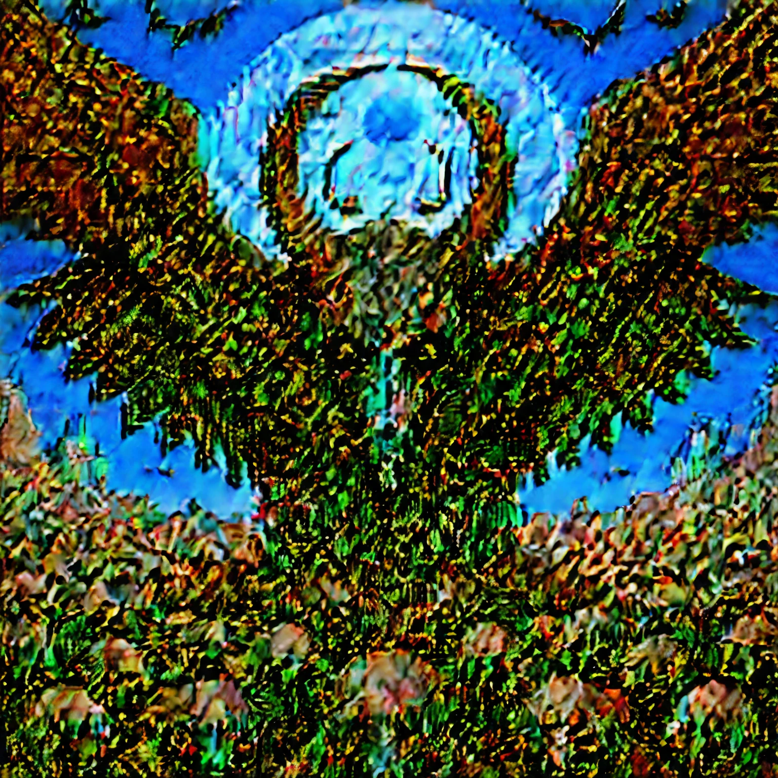 Serafinas, A mystical creature with hundreds of eyes and human-shaped wings, Multiple Heads, cabeza humana, cabeza de leon, eagle head, goat horns, rodeado de 2 capas de anillos llenos de ojos, misterioso, horror, Nubes angelicales de fondo, luz del sol
