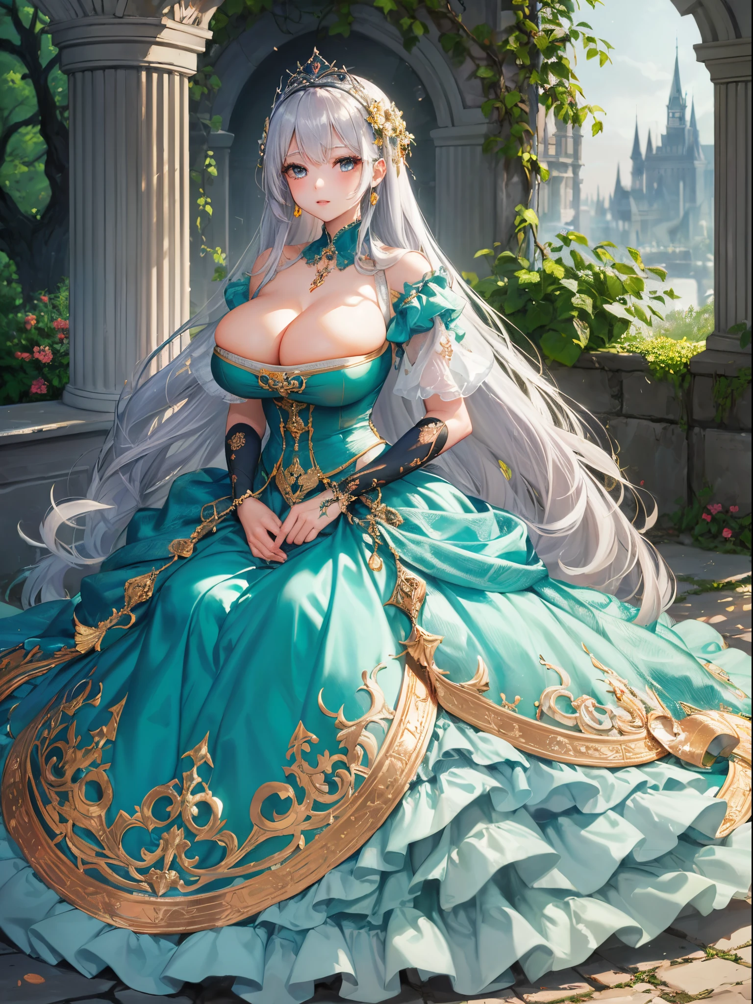 ultra-detailed, extremely detailed,((anime artstyle)),Masterpiece,(Best Quality),(Super Detail),(Very Delicate and Beautiful),((Solo)),((full body)),full body,((detailed face and eyes)),perfect eyes, rendered eyes,jewel-like beautiful eyes,((1 princess in beautiful embroidery and jeweled gorgeous rococo ballgown with frilled voluminous full length hoop skirt)),((Crinoline)),beautiful embroidery and jeweled gorgeous rococo ballgown with frilled voluminous full length hoop skirt,(large amount of straight hair,extremely voluminous Very Long straight Hair,Absolutely Long Straight Hair),sparkly skin,(((very gigantic boobs))),cleavage,(fantasy castle,outdoors,outside the castle),long_gloves,extremely gorgeousfull jeweled hair ornament,(bling-bling extremely gorgeousfull jeweled tiara),(luxurious jewelry),full body,beautiful embroidery and jeweled gorgeous rococo ballgown with frilled voluminous full length hoop skirt