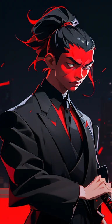 A modern samurai in a sleek black suit, a vibrant red tie contrasting with the dark attire. In the midst of Tokyo Downtown in 1985, skyscrapers form a futuristic backdrop as the samurai confidently holds a katana with one hand, embodying a blend of tradition and contemporary style.