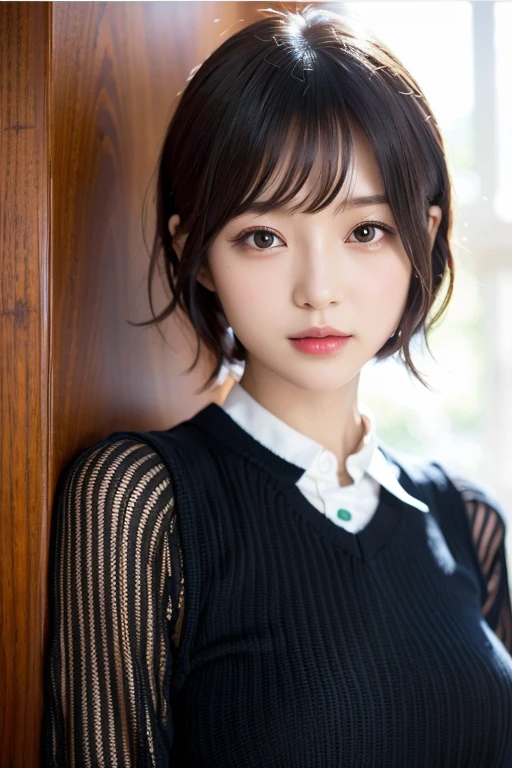 (The Highest Quality, 8k, 32k, masuterpiece, ws:1.2), 18歳、Photo of PrettyJapanese woman, large breasts, very short bob hair, total body, face focus, Luxury school uniforms:1.3, necklaces、, simple Backgrounds, from ABOVE, Look at the Viewer,korean idol、Nogizaka Idol、hposing Gravure Idol、actress