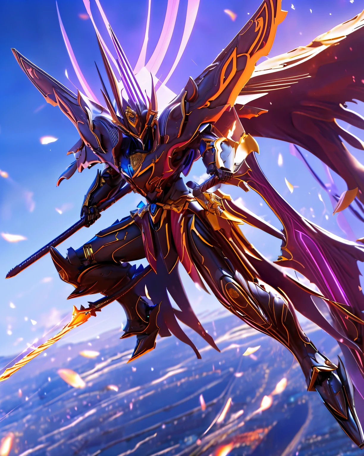 super wide shot, Full body frontal photo,Mecha male warrior,The heroic demeanor of the Three Kingdoms,《Mech color: Red and dark series》,(《Romance of the Three Kingdoms》,《Lü Bu》,Holding Fang Tian's halberd in his hand,),(Full body mecha), Keqing from Genshin Impact, (Masterpiece) , The best quality, High quality,Gold armor,电影灯光, (Exquisite future), Beautiful and beautiful, Ultra detailed, great composition, Floating, Depth of field, (Very detailed CG,Unity 8k壁纸), (Beautiful detail background), dramatic lights, GOGETTA, Mecha,best qualtiy,Ultra-high 8K Ultra HD,digital SLR camera,high qulity,Film grain resolution,