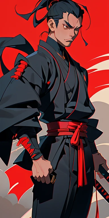 A modern Samurai standing amidst the bustling Tokyo Downtown in 1985. Clad in a sharp black suit, accentuated by a striking red tie, the samurai exudes a fusion of traditional honor and contemporary style. With a confident grip, he holds a gleaming katana in one hand, embodying a captivating blend of past and present.