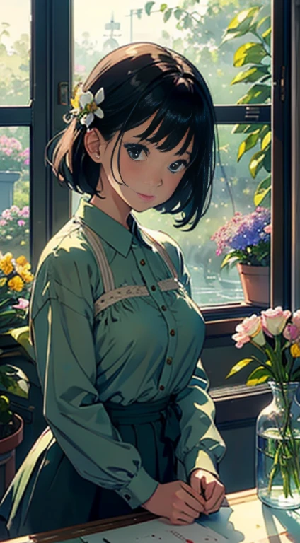 ((Watercolor in Sargent style))、(top-quality、masterpiece)、超A high resolution、high-detail、(David Hamilton Style)、(softfocus)、Soft light、1人の女性、20yr old、((take care of flowers))、(water the flowers)、classic one piece uniform、A stunning、Short black hair、Bunching hair、Crisp face、cute face、(detailed face depiction)、Detailed eyes、Medium-sized breasts、((Flower Shop))、((The store sells green plants)), The main entrance is glazed., The windows are made of glass, On the window shelves there are potted plants and flowers、Quiet moments、Vintage atmosphere、Fascinating beauty、Lush green environment、Side table、Flowers on the windowsill、teapot、florals、houseplant、