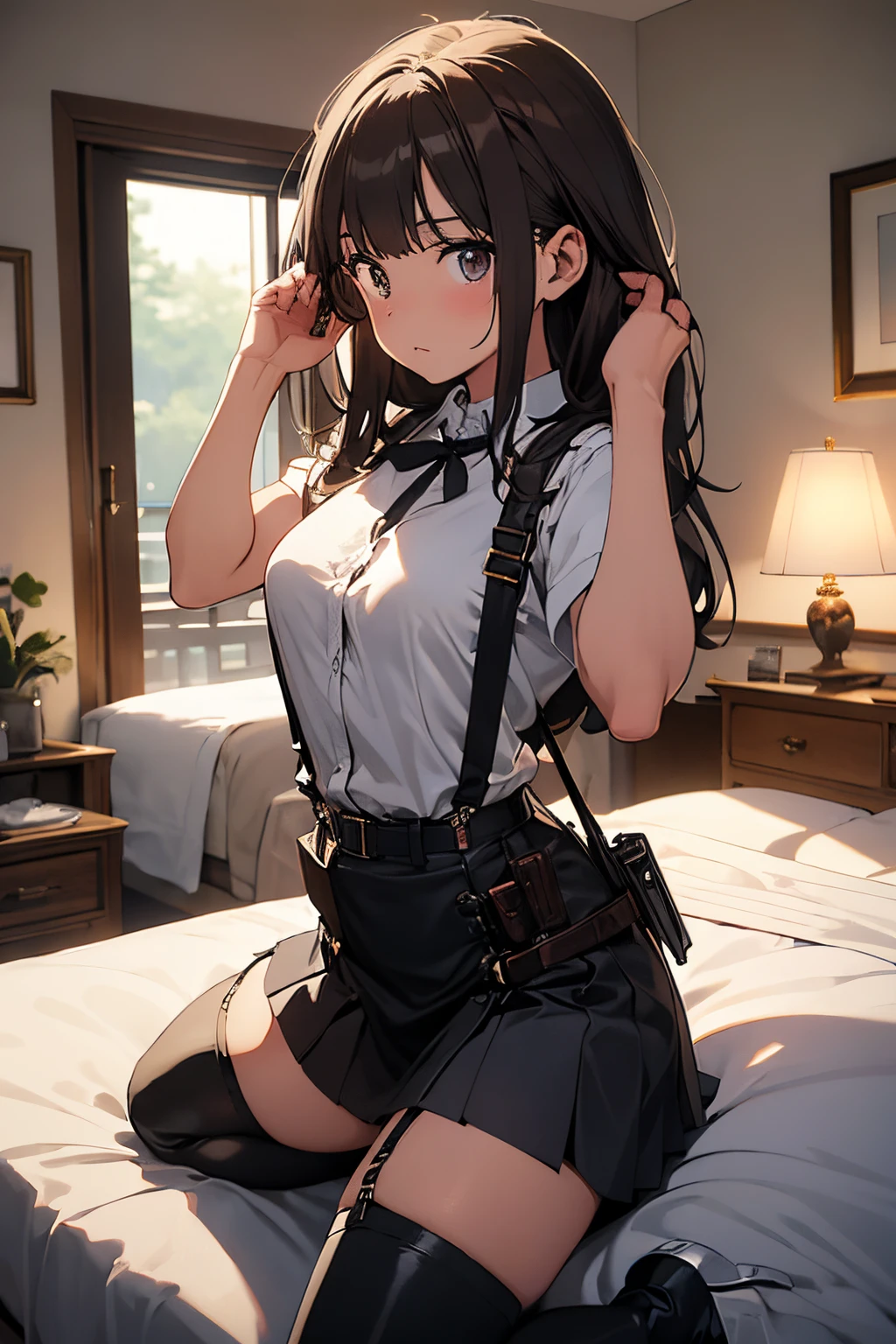 ​masterpiece、flat-colors、depth of fields、lens flare 1 girl、、Brown hair、watching at viewers　　　black suspenders　　　Bulging big breasts　　 　 　　　walls: 　Black miniskirt　garters　　　　　　Gaze　　　Small face　bangss 　　　holster　　Belt Armament　Beautuful Women　srestrained　hands up　Lying in bed　Leg holster lying on the bed　　Gaze 　Black boots