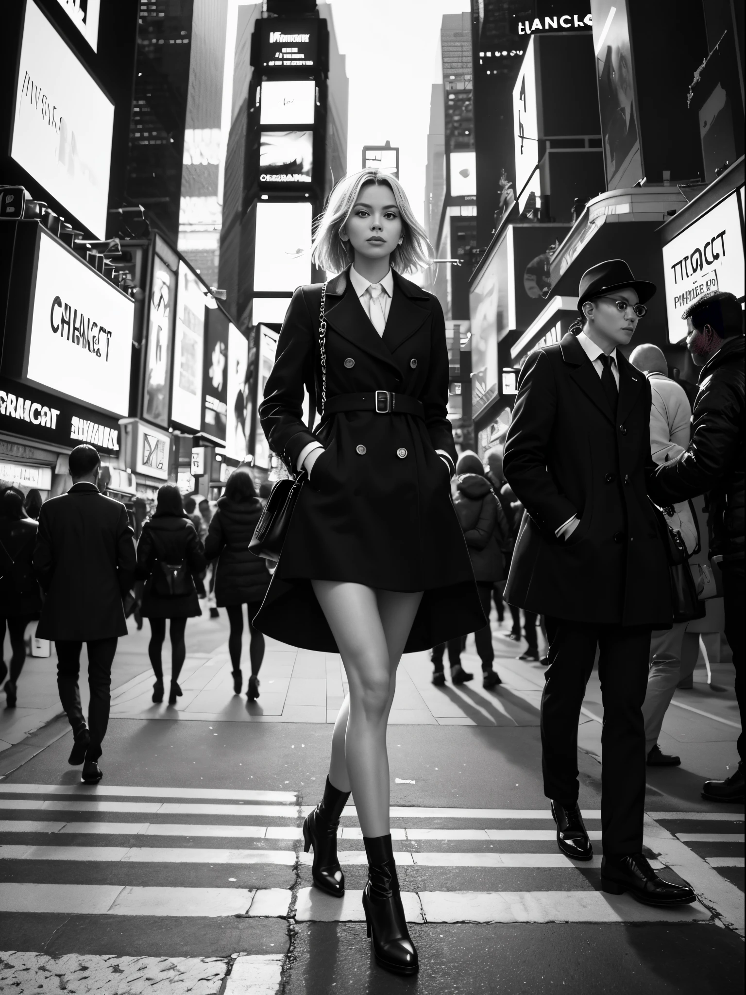 araffe swedish woman model walking down a busy city street in a dress, proportion of fashion models, a black and white photo, digital art, in time square, standing in time square, 4x5 styled street photography, street photo, street photography style, shot with hasselblad, shot on hasselblad, ((anamorphic lens)), (lens flare), CHANEL advertising, in times square, street photograph, street photography, kodak 400tx, mesmerizing, ((black and white photography)), (low key)